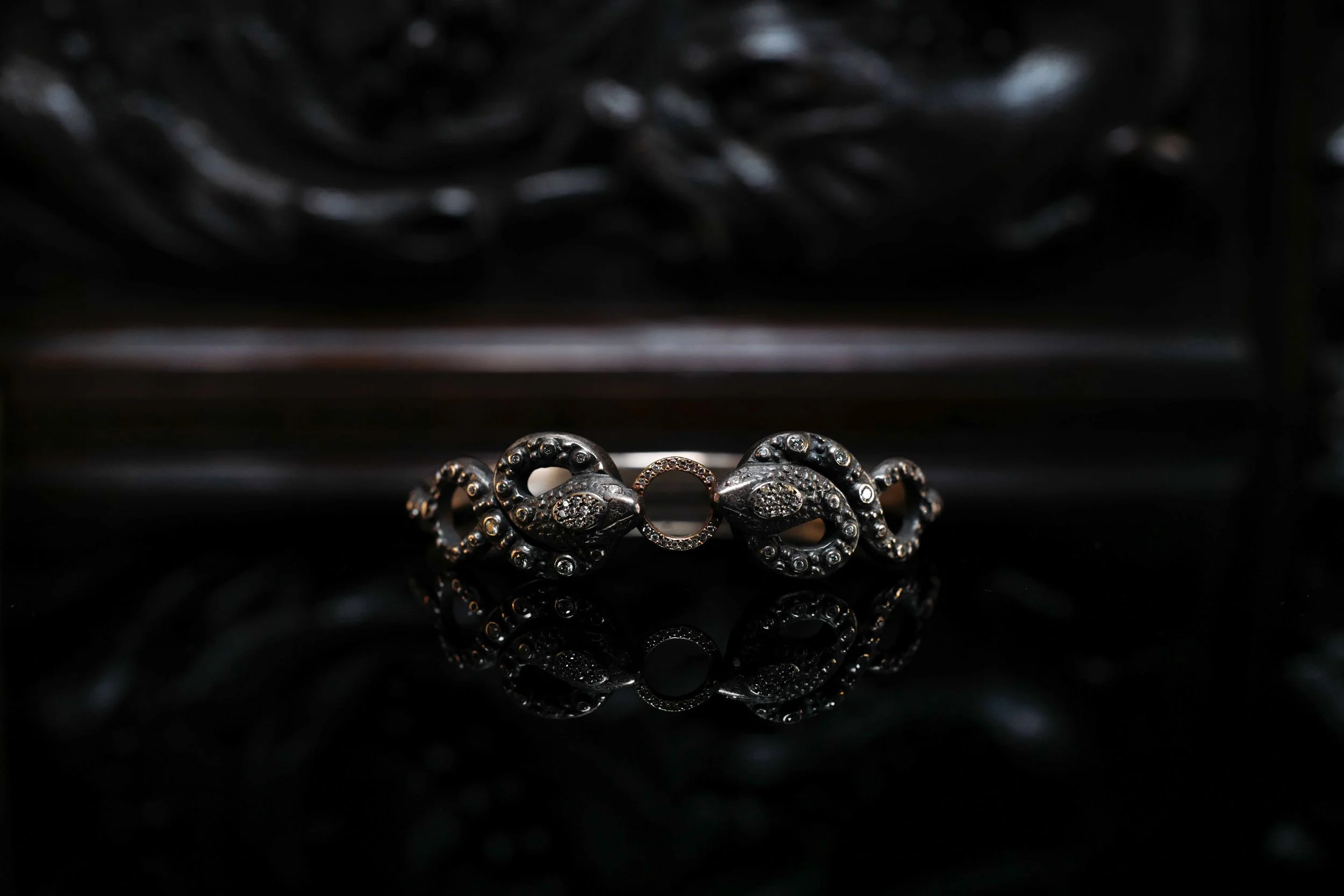 Oxidized Silver and Diamond Double Headed Serpent Bracelet.jpg