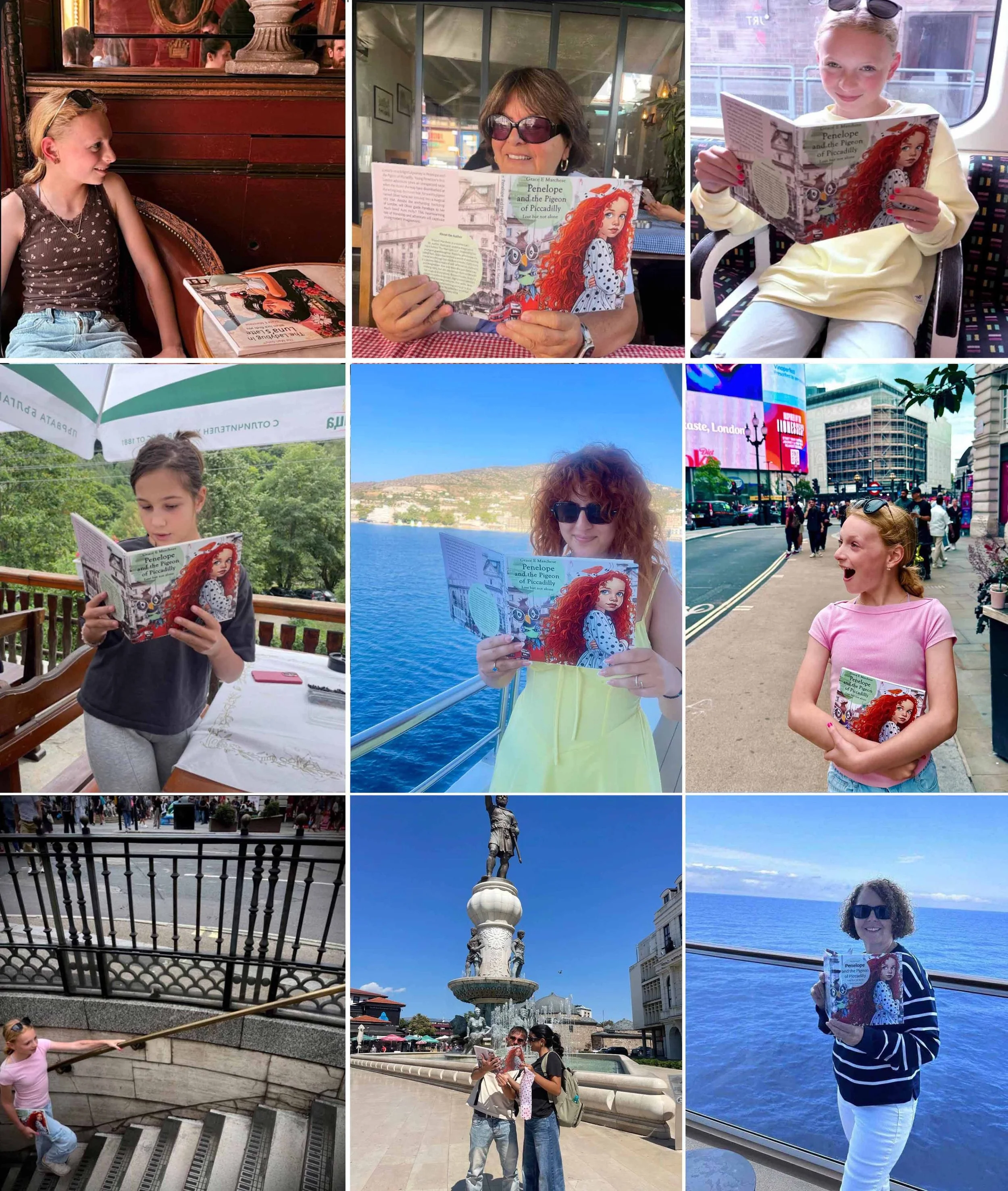 Collage of nine photos featuring young girls and an older woman reading a book titled "Penelope and the Pigeon of Piccadilly" in various outdoor and indoor settings, including city streets, waterfronts, parks, and a historical monument.
