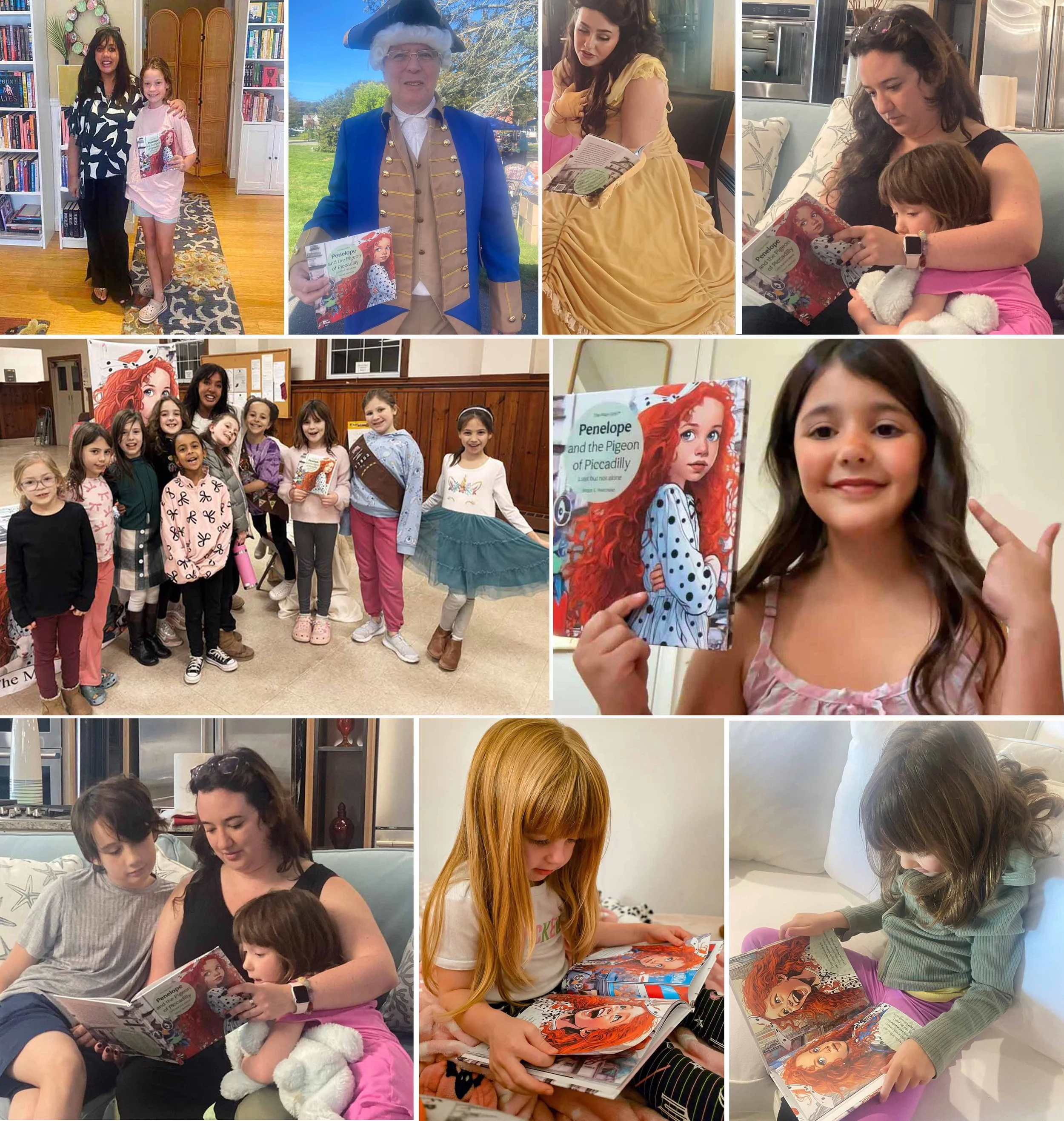Group of children and women reading and holding books about Penelope and the Pigeon of Piccadilly at a book event and in various indoor and outdoor settings.