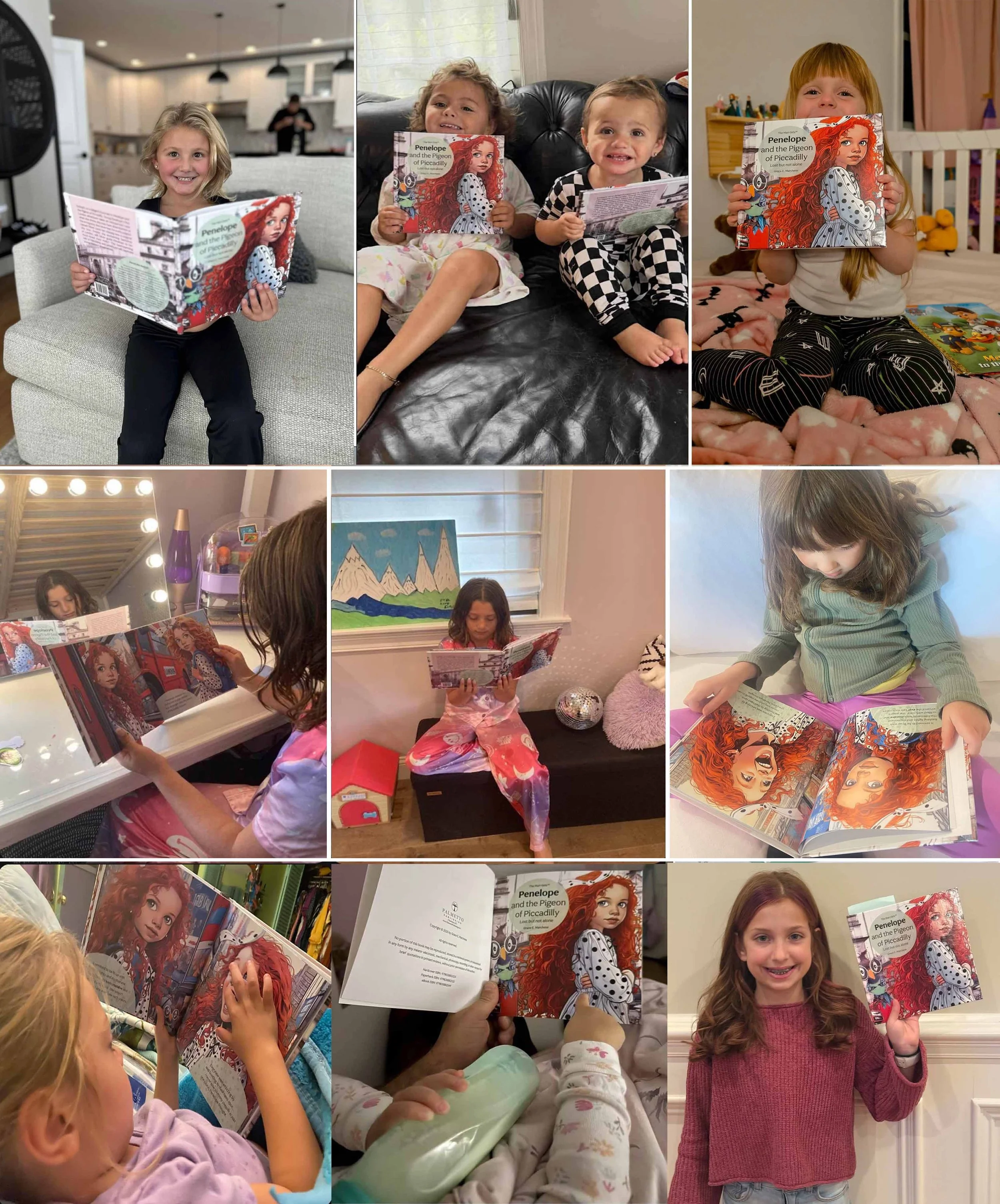 Several children are reading a book titled "Penelope and the Pigeon of Piccadilly" in various settings, including a living room, bedroom, and dressing room.