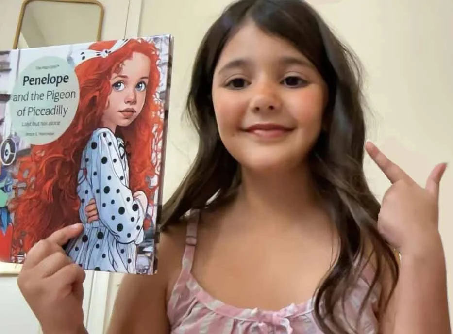 A young girl with long brown hair smiling and pointing to her head, holding a children's book titled "Penelope and the Pigeon of Piccadilly" with an illustration of a girl with red hair on the cover.