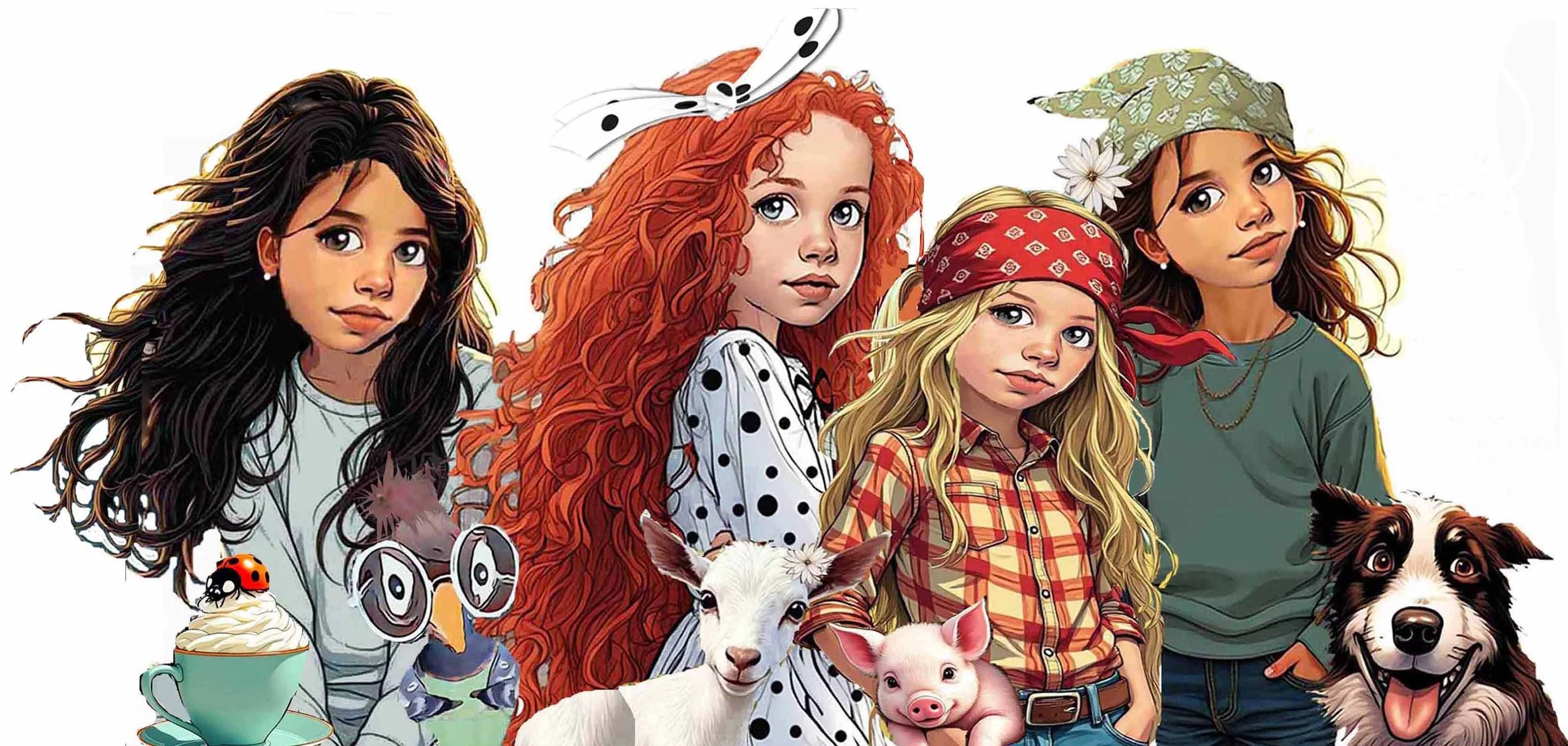 Illustration of four young girls dressed in casual outfits with animals, including a goat, piglet, and dog, surrounding them.