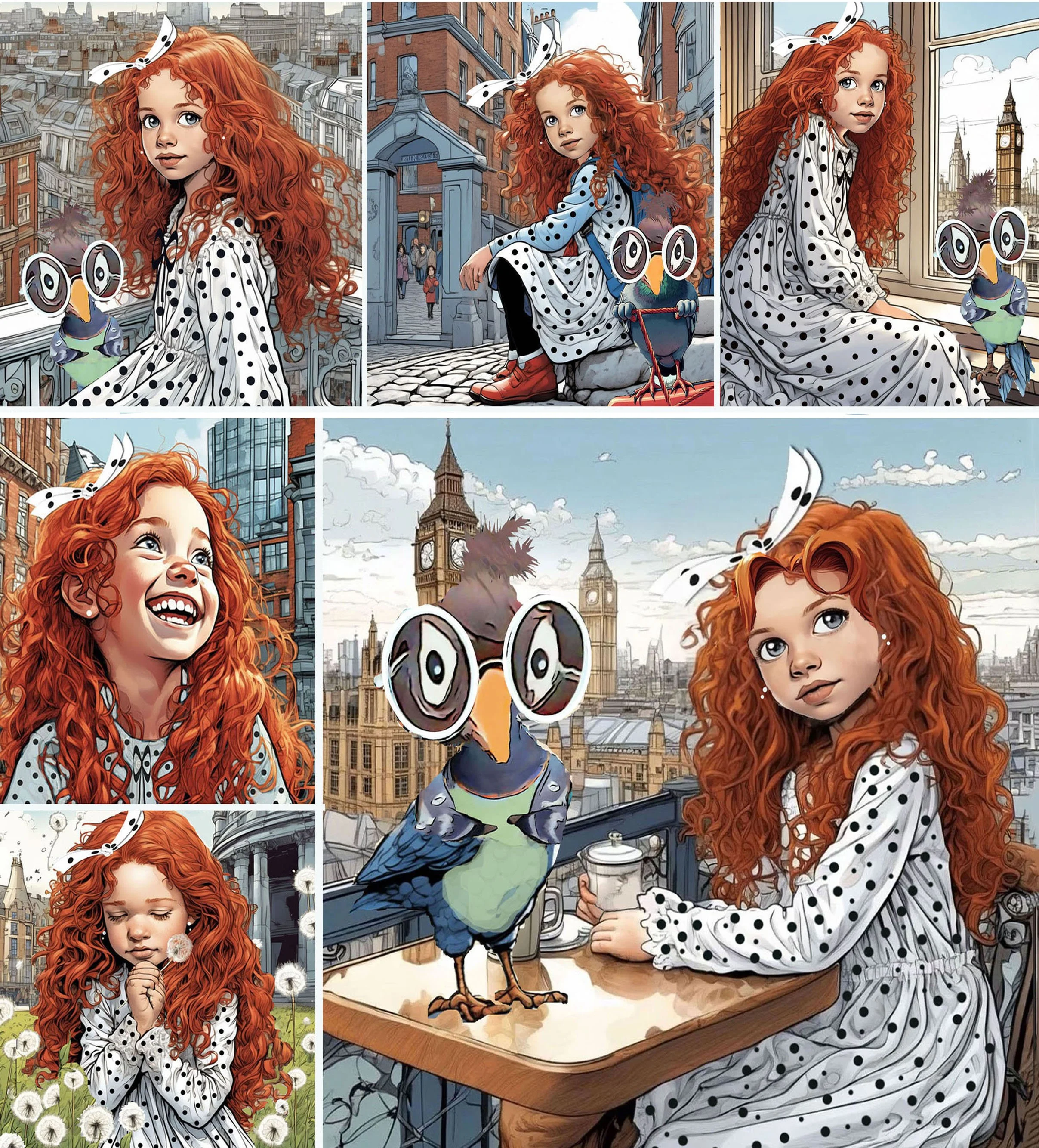 A girl with long curly red hair, wearing a white dress with black polka dots and a matching hair bow, appears in various outdoor and indoor settings in London, sometimes accompanied by a colorful bird with large cartoonish eyes.