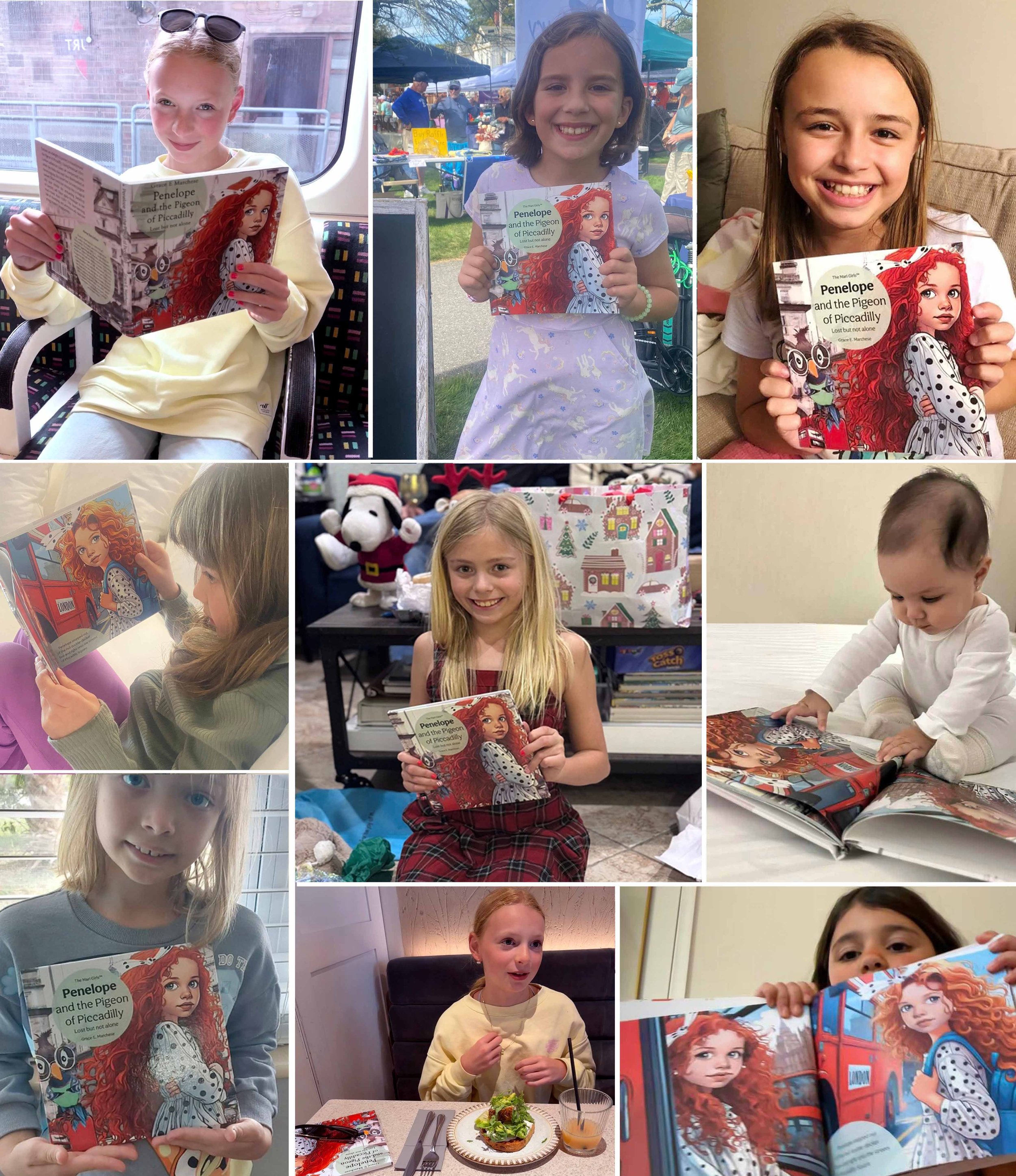 Collage of children holding and reading the book "Penelope and the Pigeon of Piccadilly" in various settings, including indoors, outdoors, and at a restaurant.