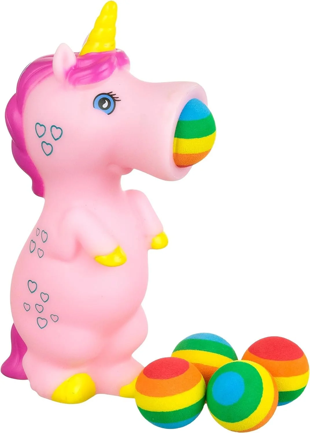 A pink unicorn figurine with a yellow horn, blue eye, pink mane, and rainbow-colored balls around it, with one in its mouth.