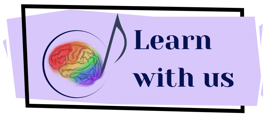 A banner with a colorful brain illustration and the text 'Learn with us' on a purple background.