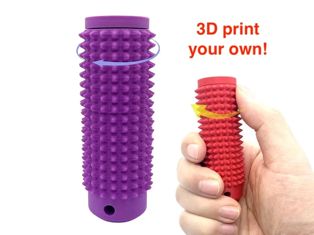 A hand holding a small red textured 3D printed object and a larger purple textured 3D printed object alongside text that says "3D print your own!"