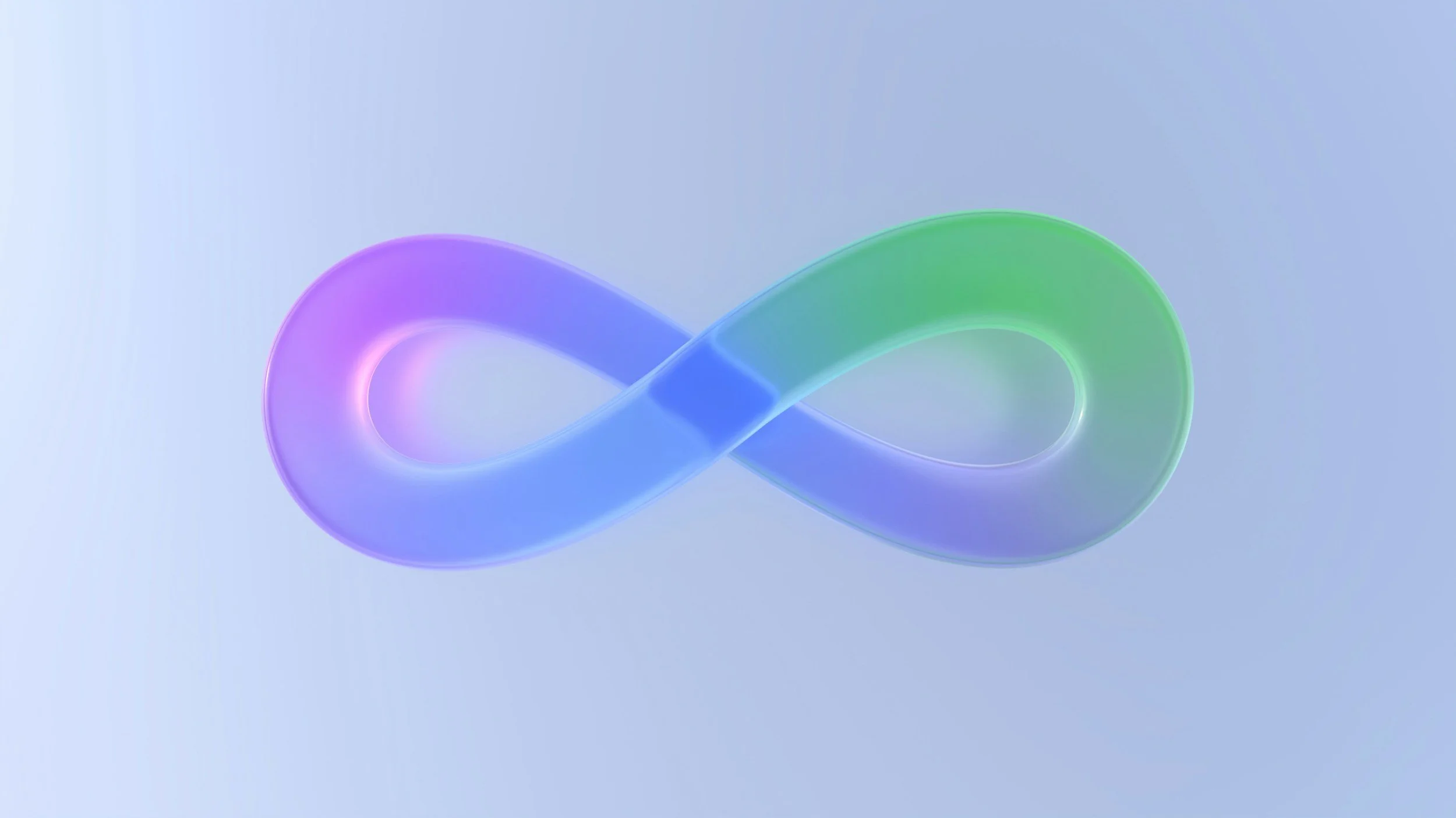 A colorful infinity symbol with a gradient of purple, blue, and green on a light blue background.