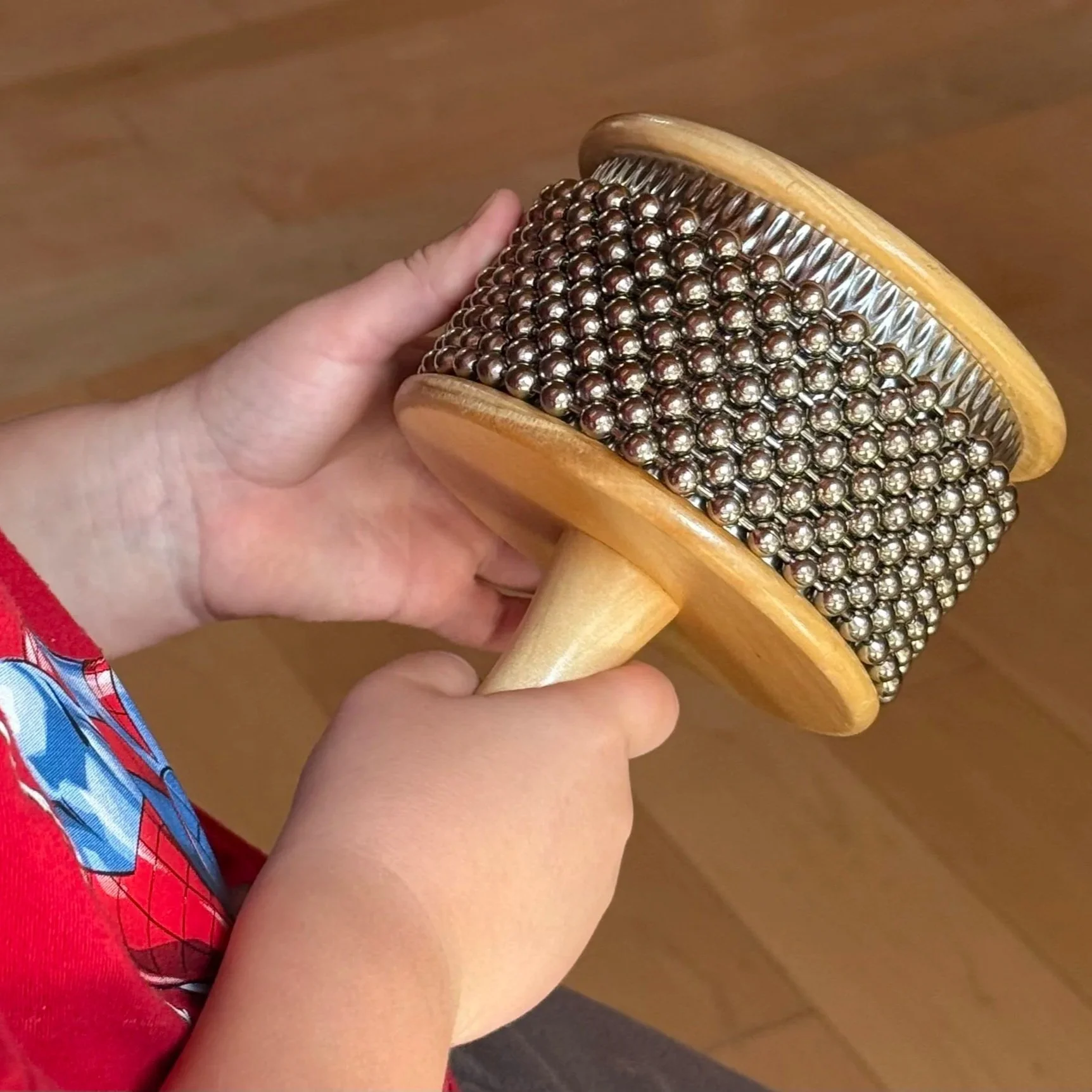 Child holding a cabasa percussion instrument.