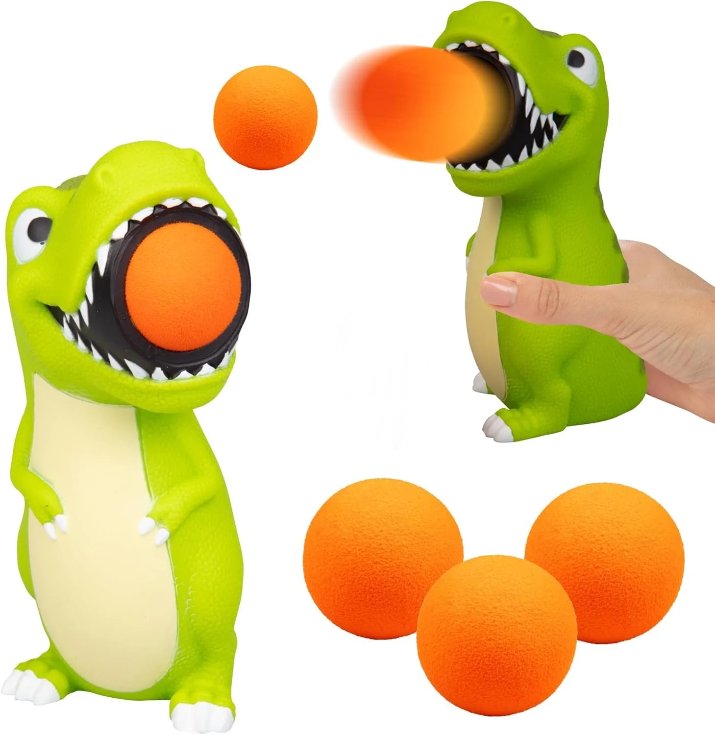 Toy dinosaurs playing with soft foam balls and a small orange ball.