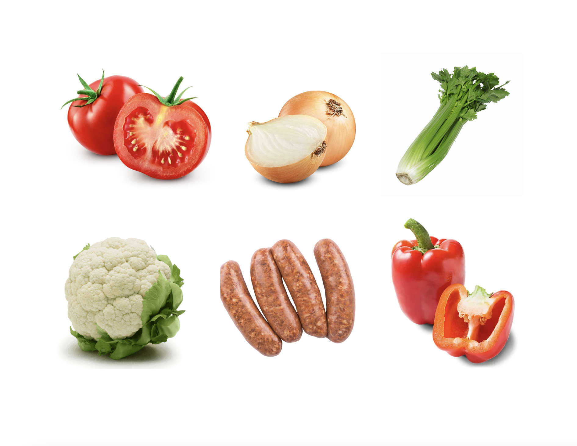 Six photos of food on a white background. The foods are tomatoes, onion, celery, cauliflower, sausage and red pepper.