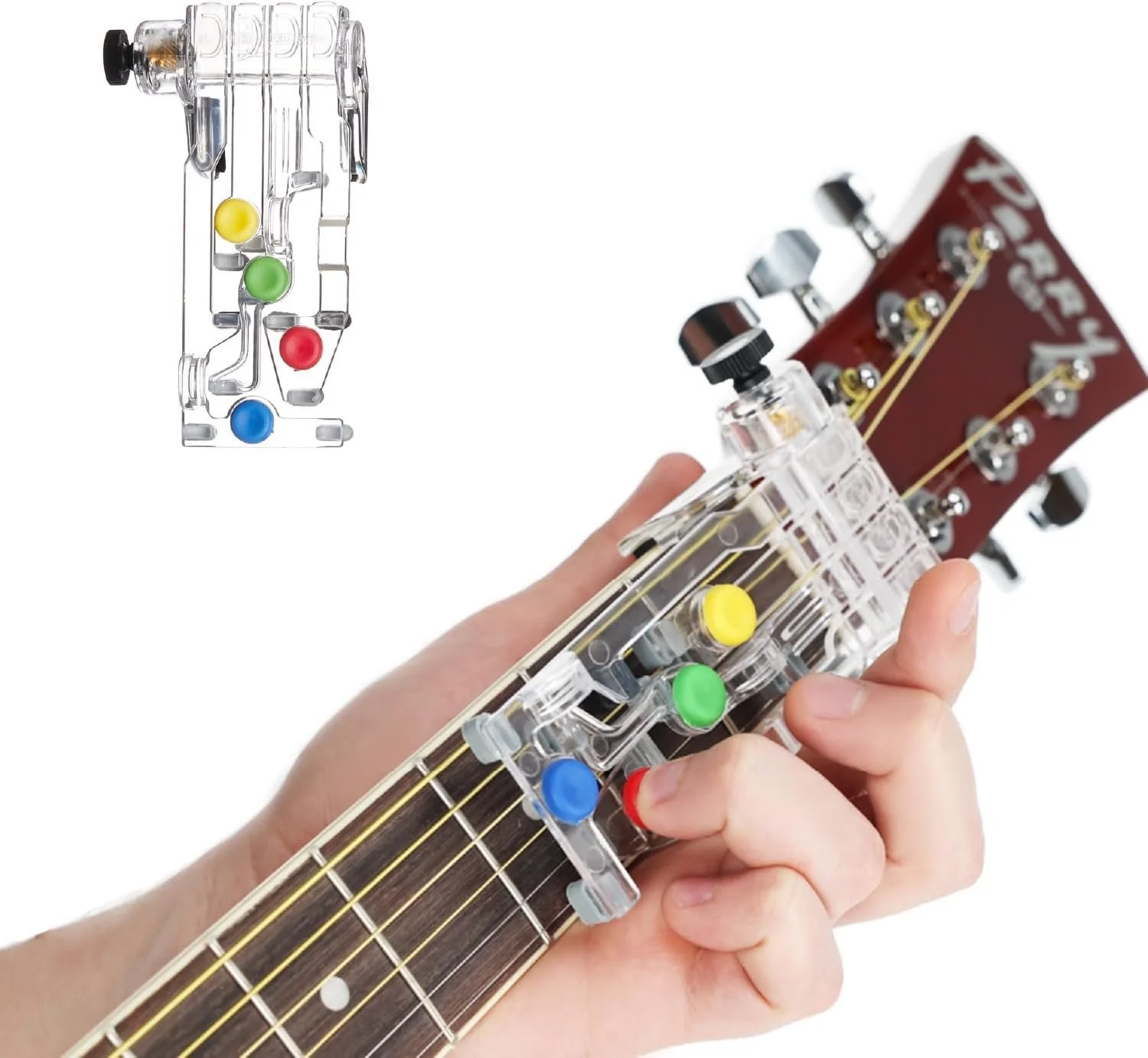 Hand playing guitar with a transparent chord trainer attached to the fretboard, showing colored association with different strings.