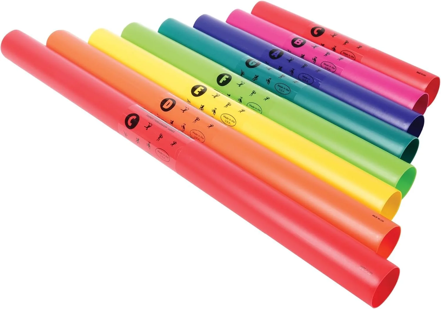 Colorful plastic boomwhacker sound tubes with size labels G, F, E, D, C, B, A, and G, arranged diagonally. The bands are in red, orange, yellow, green, teal, blue, purple, and pink.