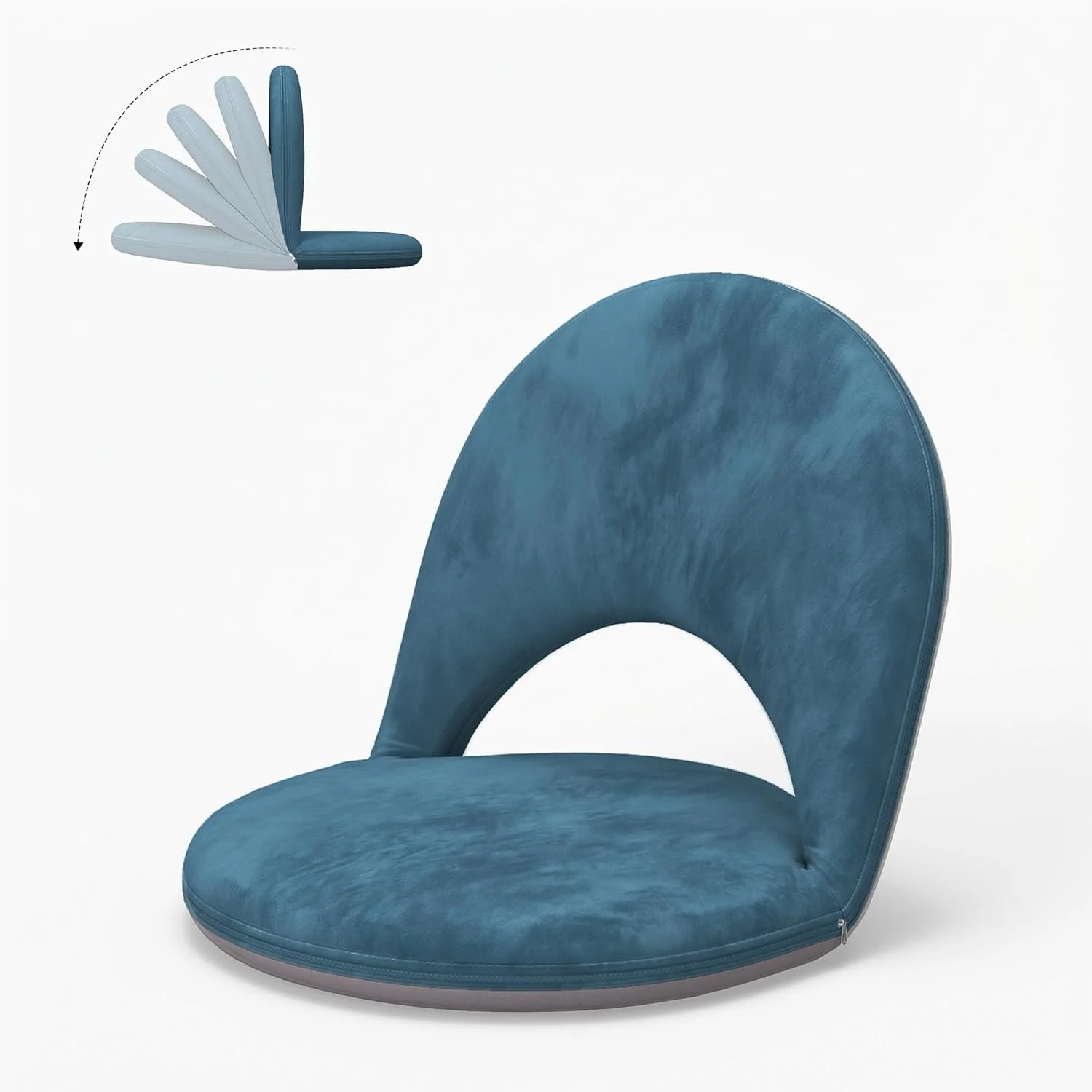 A blue, semi-circular, plush, modern chair with a cut-out in the middle, and a small inset illustrating the chair's backrest's adjustable reclining positions.