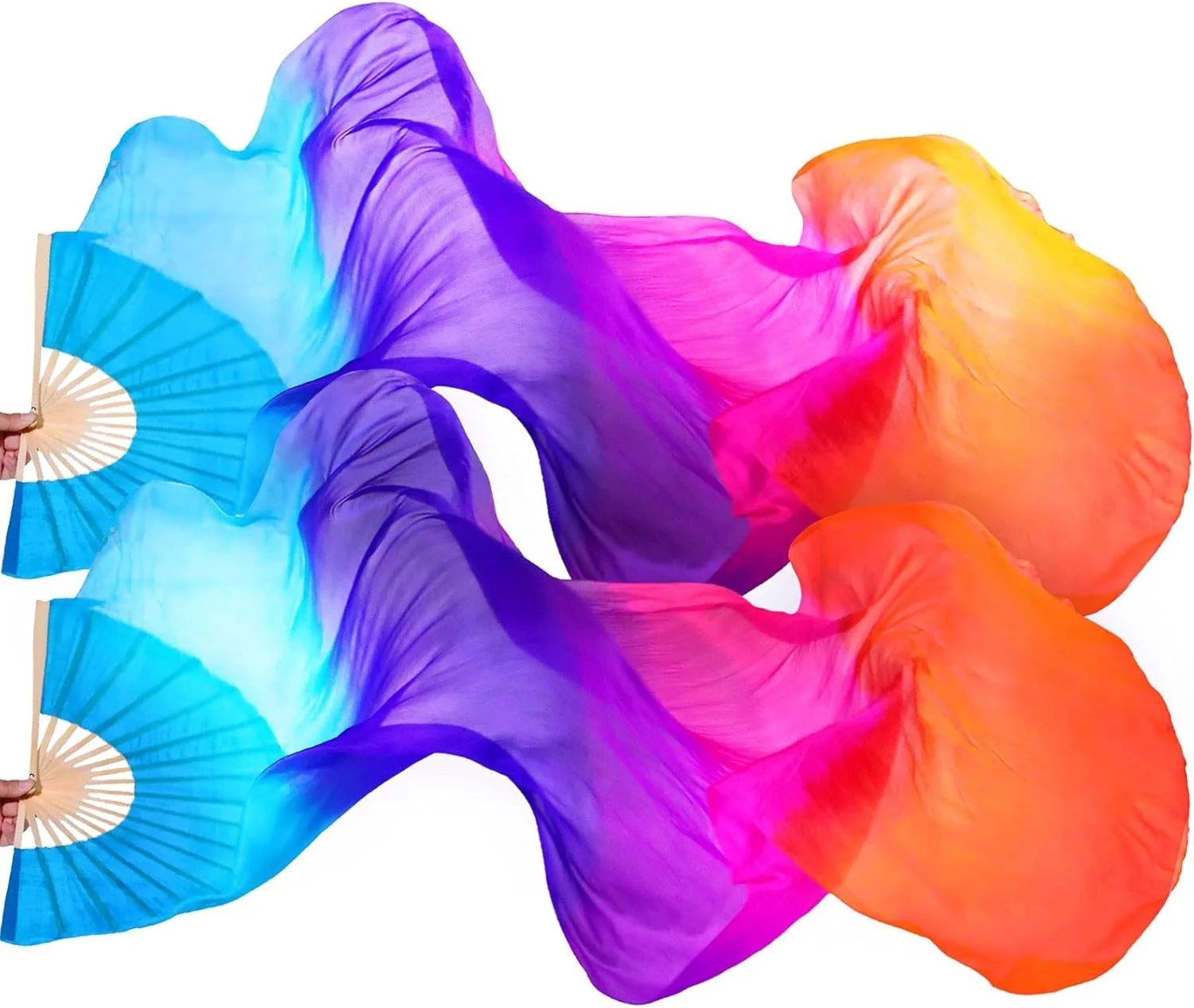 Two hand-held fans with blue handles and bamboo spokes, the fans are decorated with flowing, semi-transparent fabric in shades of blue, purple, pink, and orange.