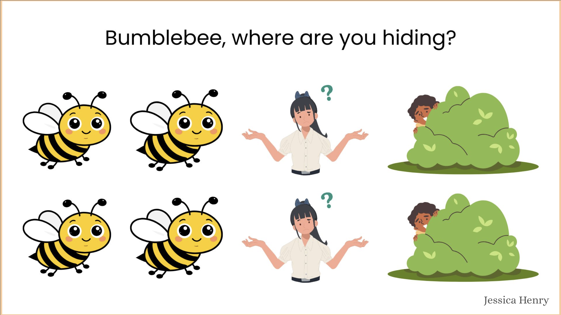 On a white background, simple cartoons depicting bumblebees, a confused and questioning woman with black bangs, and a person hiding behind a bush represent song lyrics.