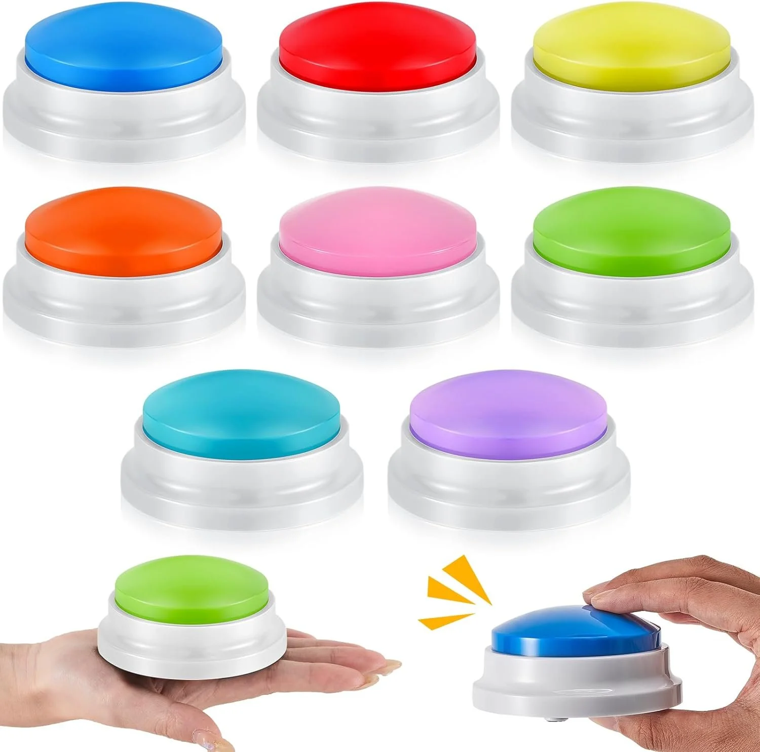 A recording button set with multiple colorful buzzers arranged in a grid, with a hand pressing a blue buzzer and another hand holding a green buzzer, with the buzzers in various colors.