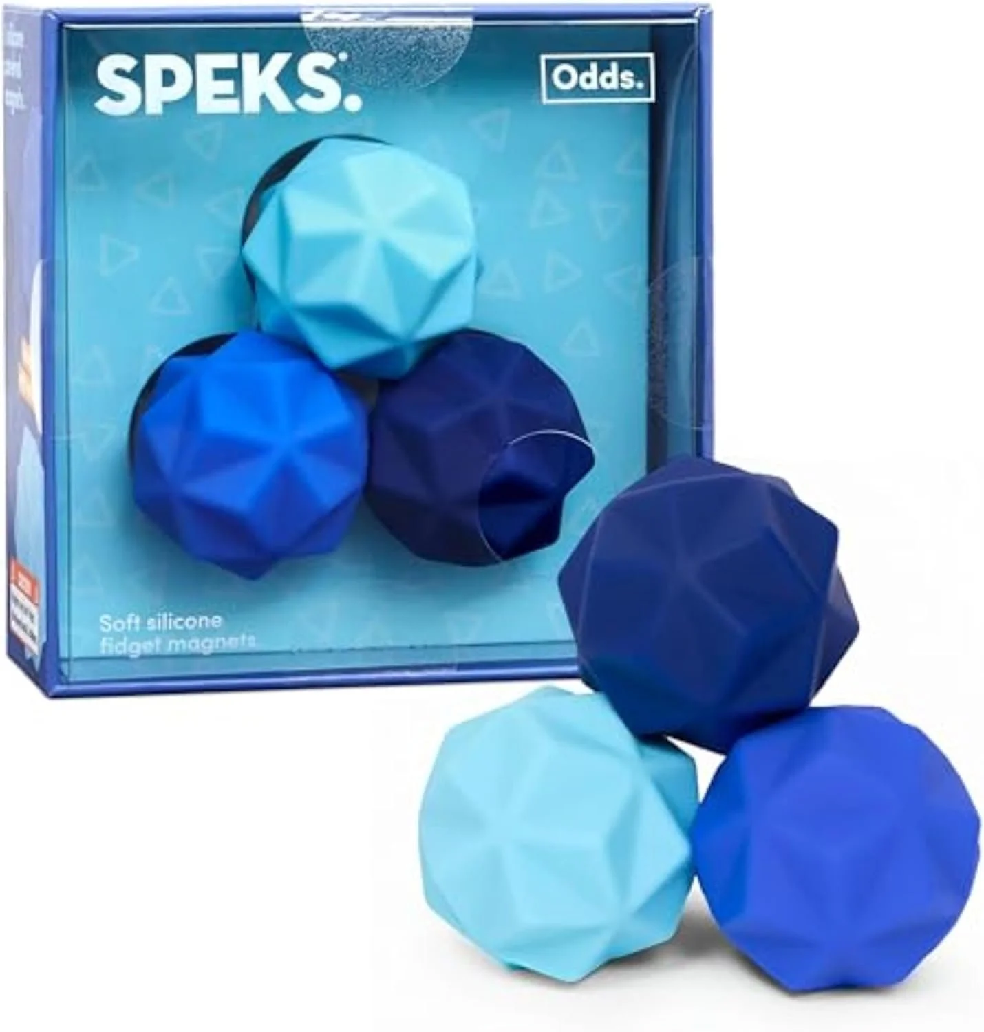 Set of three blue soft silicone fidget magnets in light blue, medium blue, and dark blue, with additional magnets placed outside a blue box labeled 'SPEKS' and 'Odds.'.