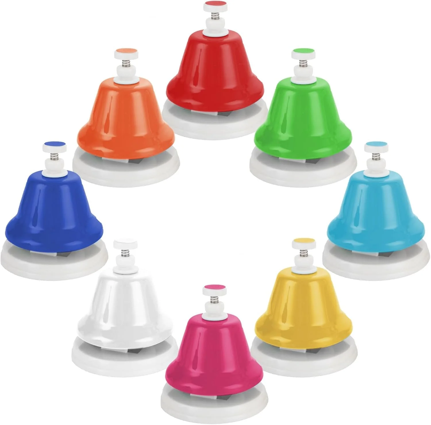 A circle of colorful desk bells, including red, orange, green, blue, white, pink, and yellow, arranged in a ring on a white surface.