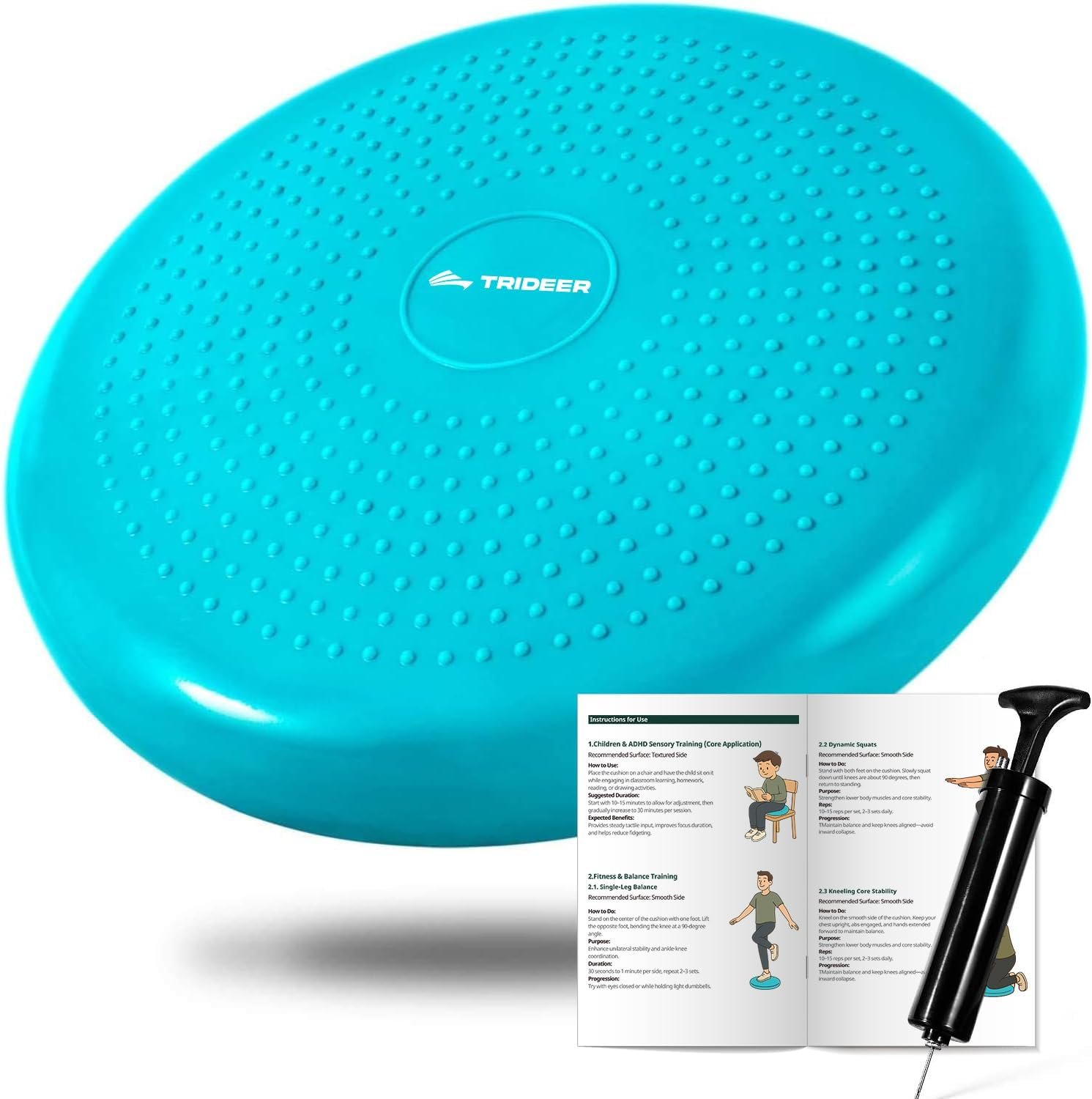 A blue balance training disc labeled 'TRIDEE' with a textured surface, a black pump, and a printed instruction sheet showing exercises for sensory training, squats, balancing, and knee stabilizing.