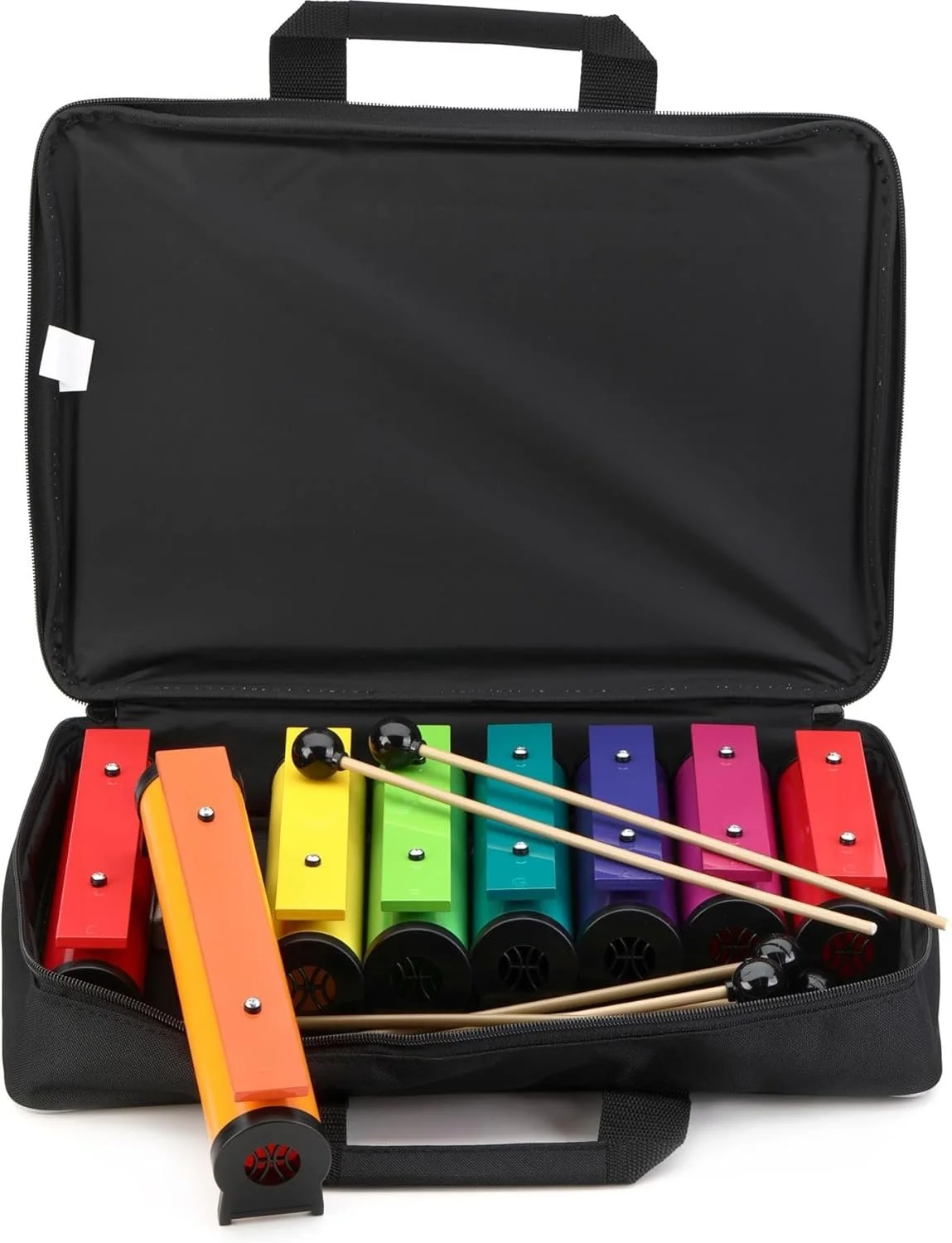 A set of detached colorful xylophone bars with rainbow-colored metal bars and black mallets in a black carrying case.