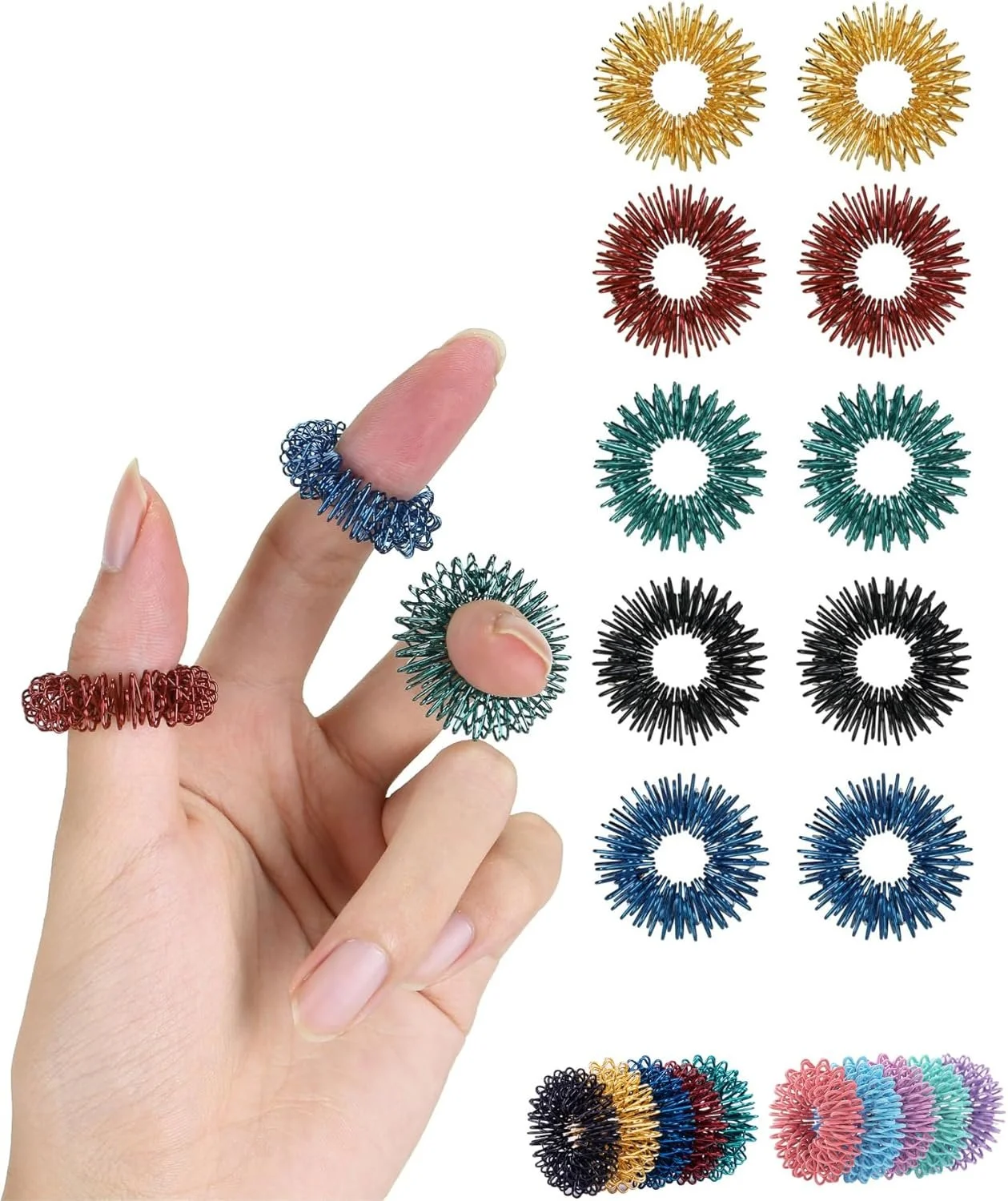 Colorful, flexible, spiky wire rings arranged in rows and on fingers, showing different colors and styles.