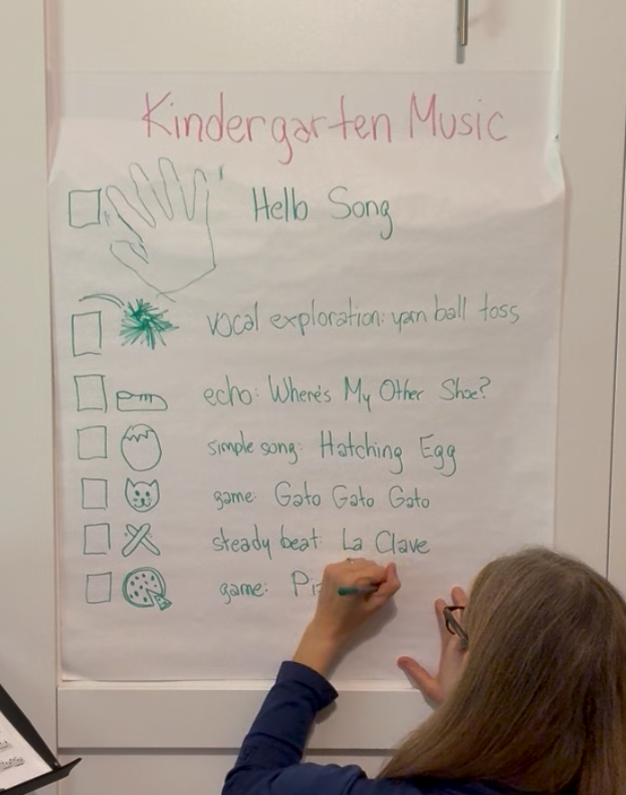 A left-handed teacher uses green marker to write a Kindergarten Music lesson plan on a piece of poster paper using both text and hand-drawn icons.