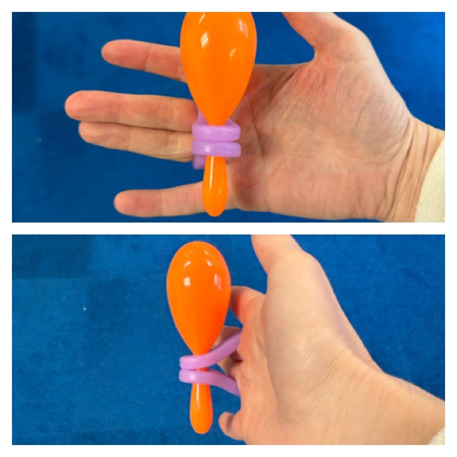 Two similar images are stitched together of a right hand with an orange plastic maraca held in place by a purple silicone strap on a blue background. The hand is open and flat.