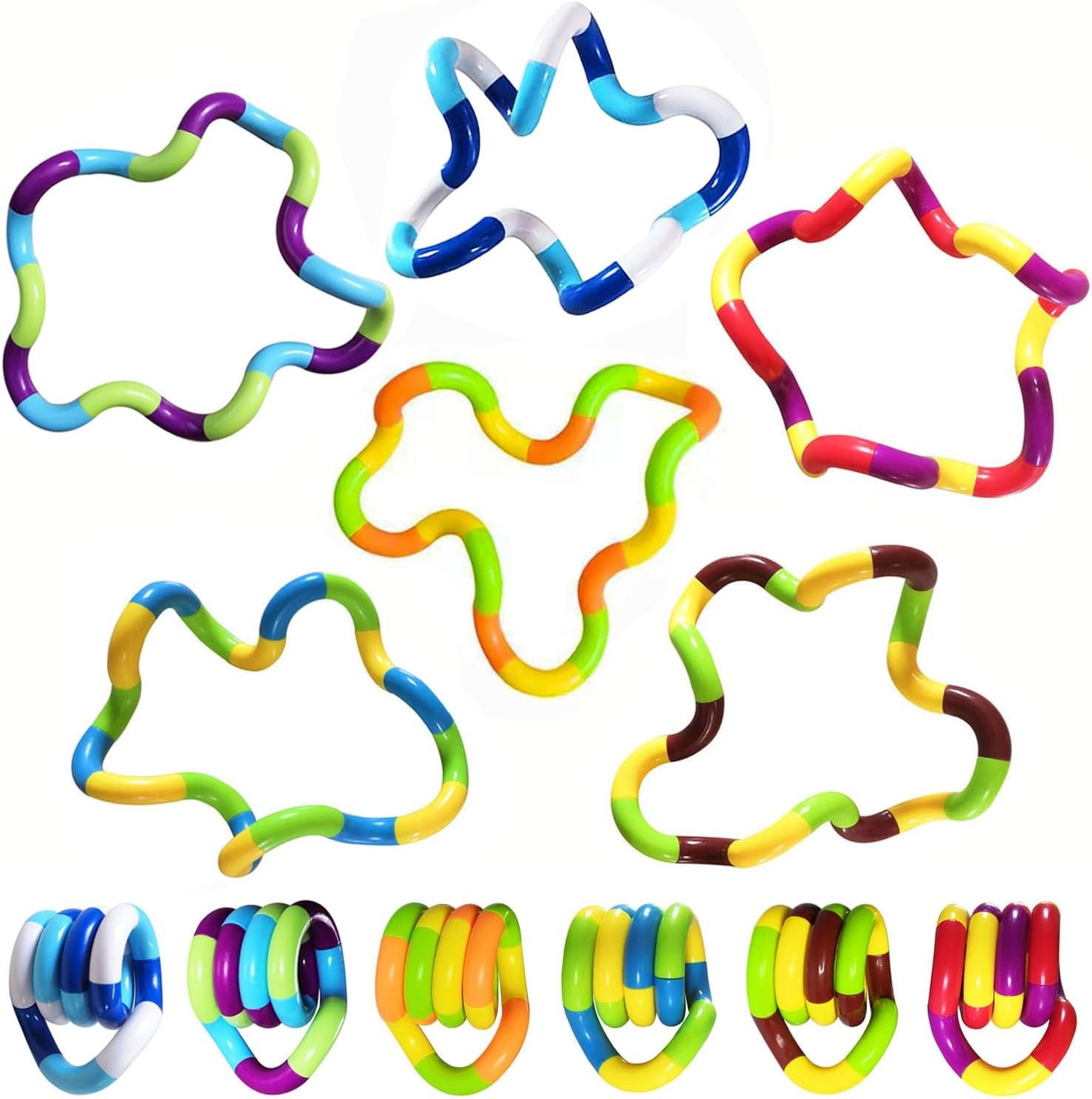 Colorful twisty plastic fidget toys arranged on a white background.
