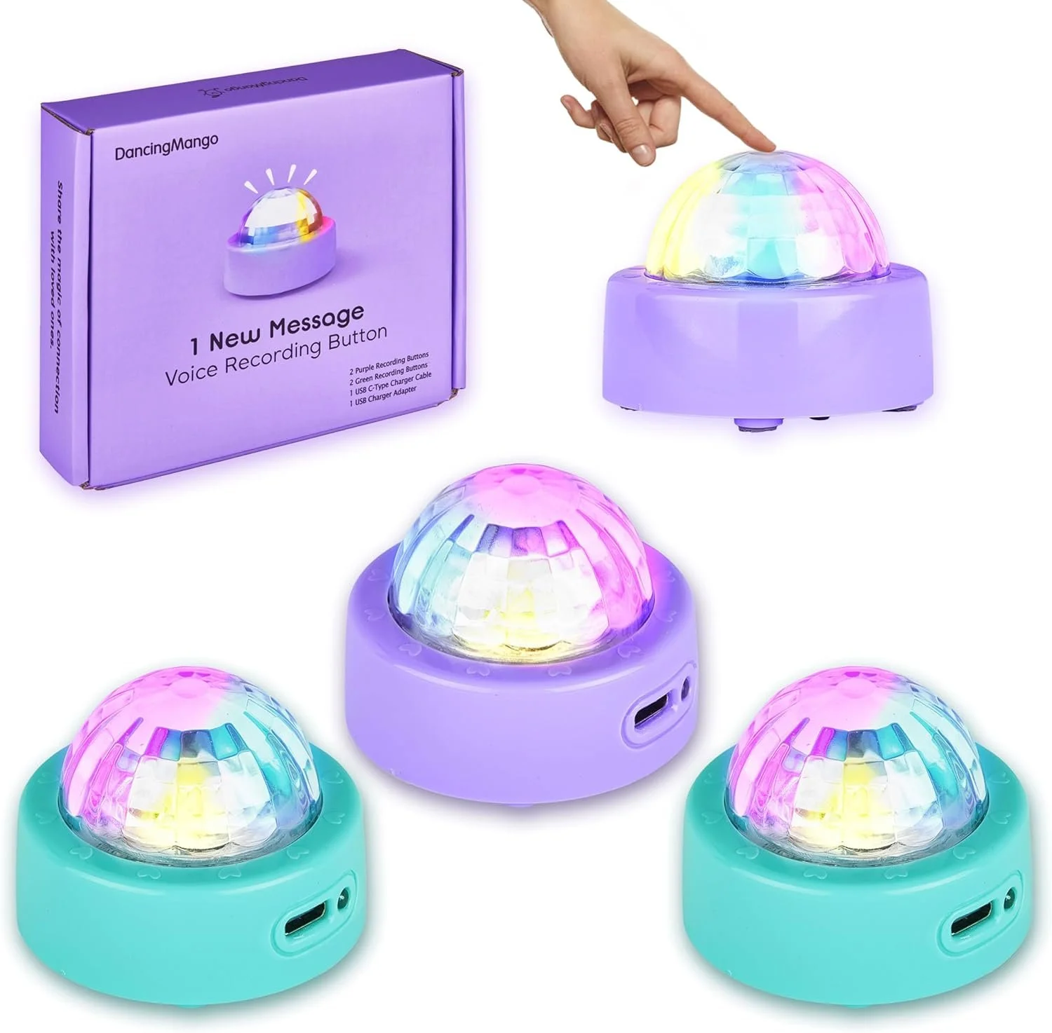 Colorful LED bubble speaker in purple and teal, with a box showing it as a dancing mango with voice recording button, and a hand pressing the button on one speaker.