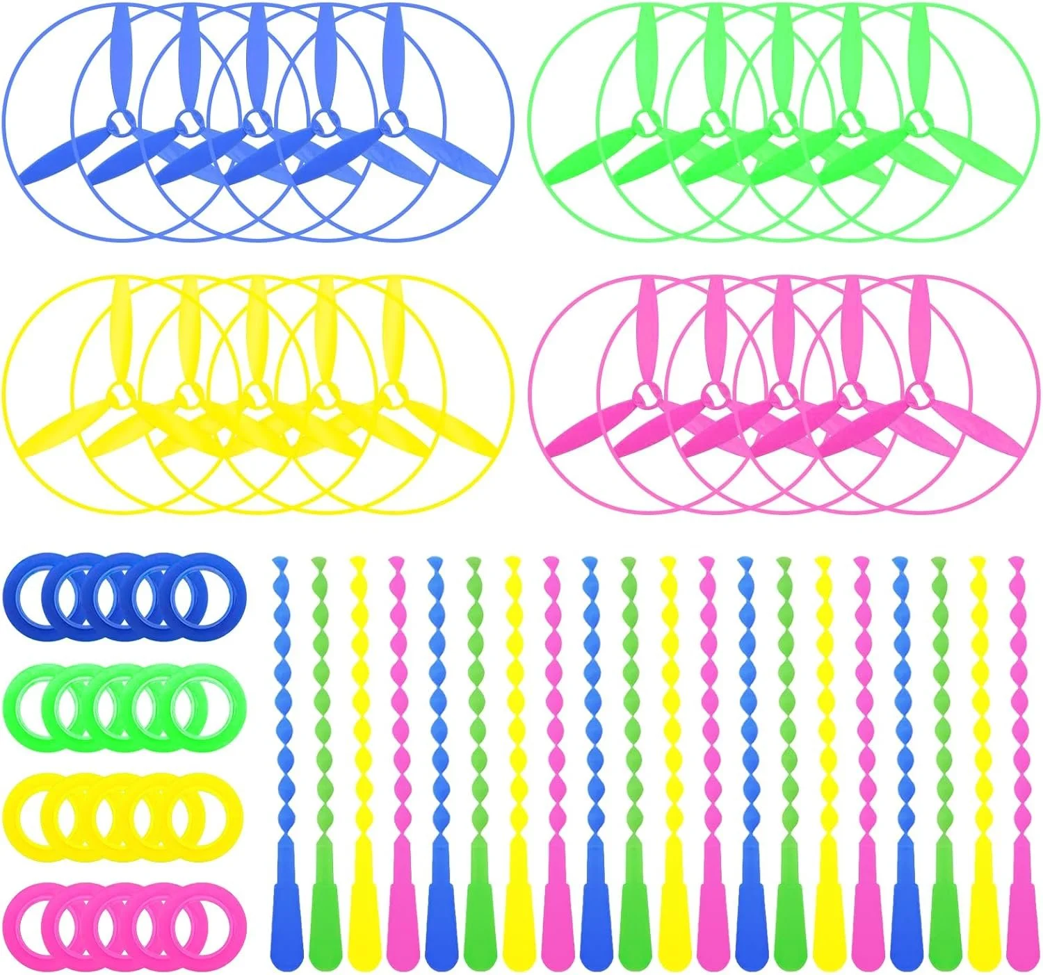 Colorful silicone slap bracelets, rings, and wands in blue, green, yellow, and pink arranged in rows on a white background.