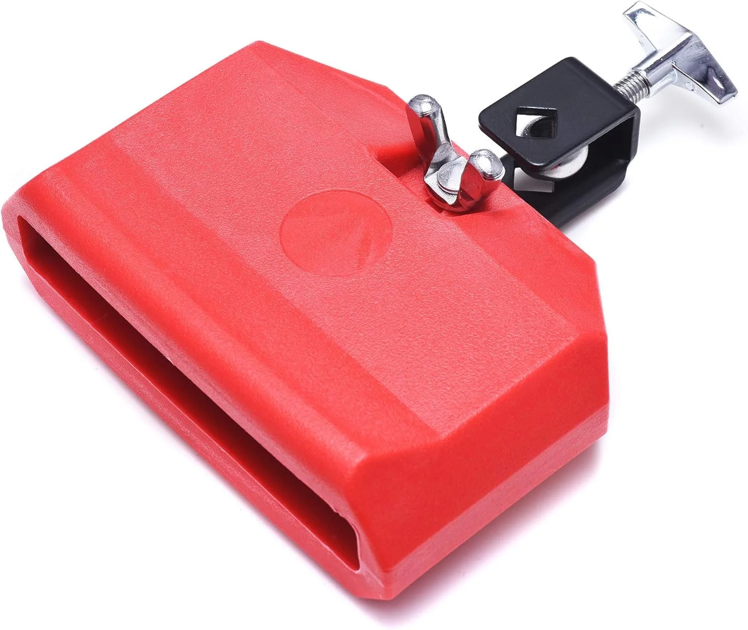 A red plastic box-shaped percussion instrument with one open side with a metal attachment bracket on a white background.