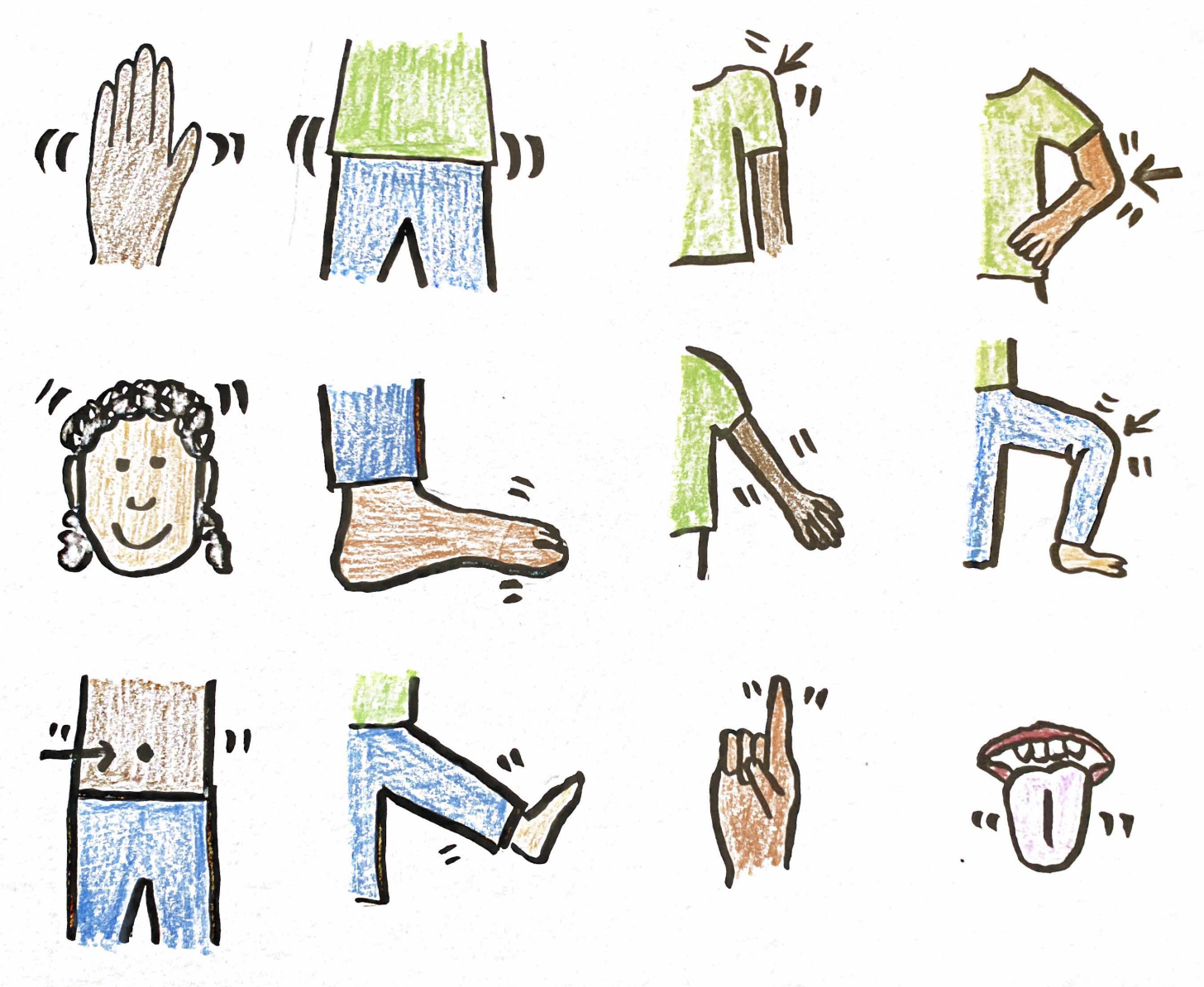 Twelve distinct hand-drawn body parts in a range of skin tones are arranged in a grid. The cartoons are wearing green shirt and blue pants.
