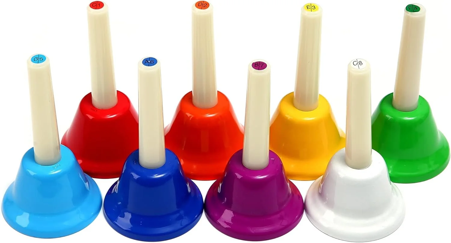 Colorful hand bells arranged in a row, each with a white handle labeled with a letter and number, representing different pitches.