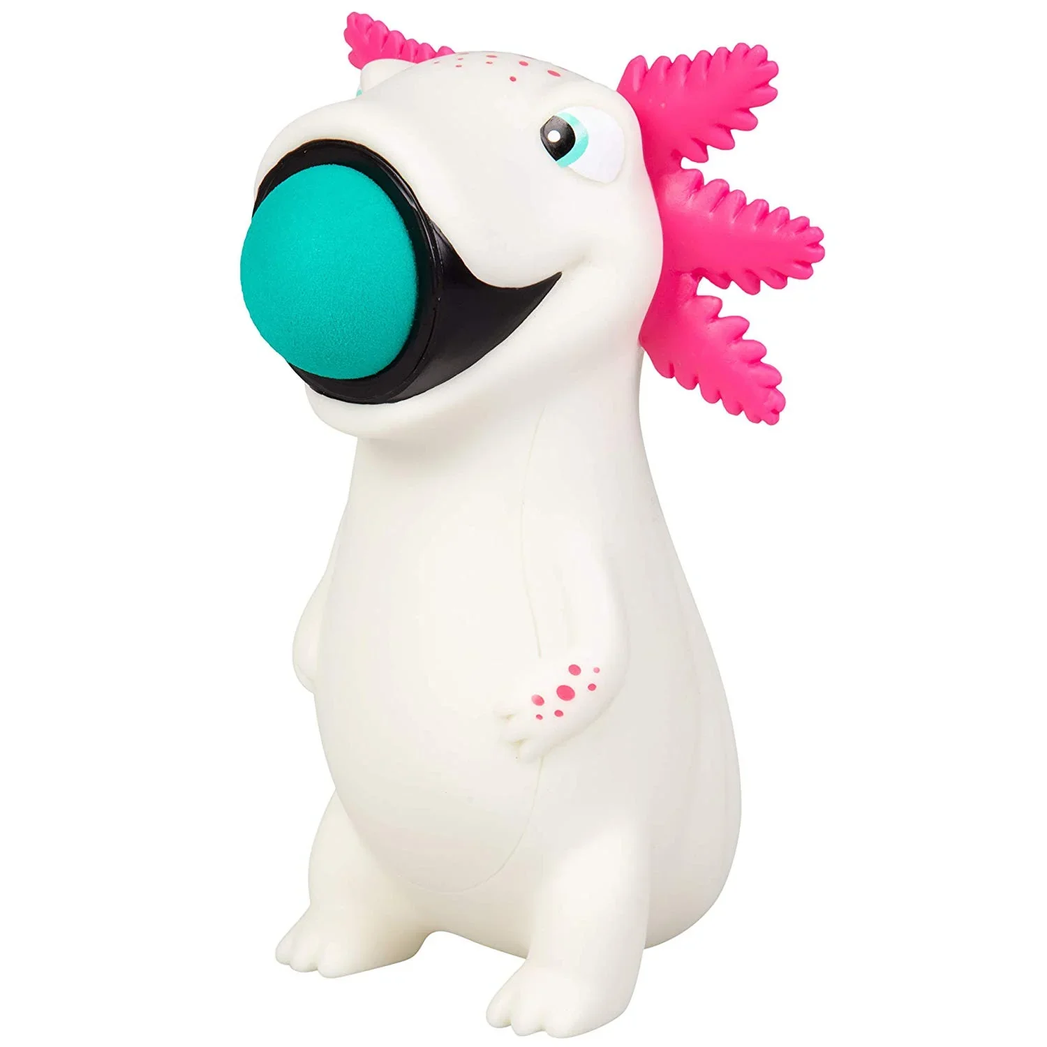 A toy figure of a white axolotl with pink frills on its ears, a cartoonish eye, and a teal ball in its mouth.
