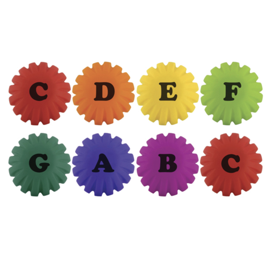 Eight colorful textured balls featuring note names C through C.