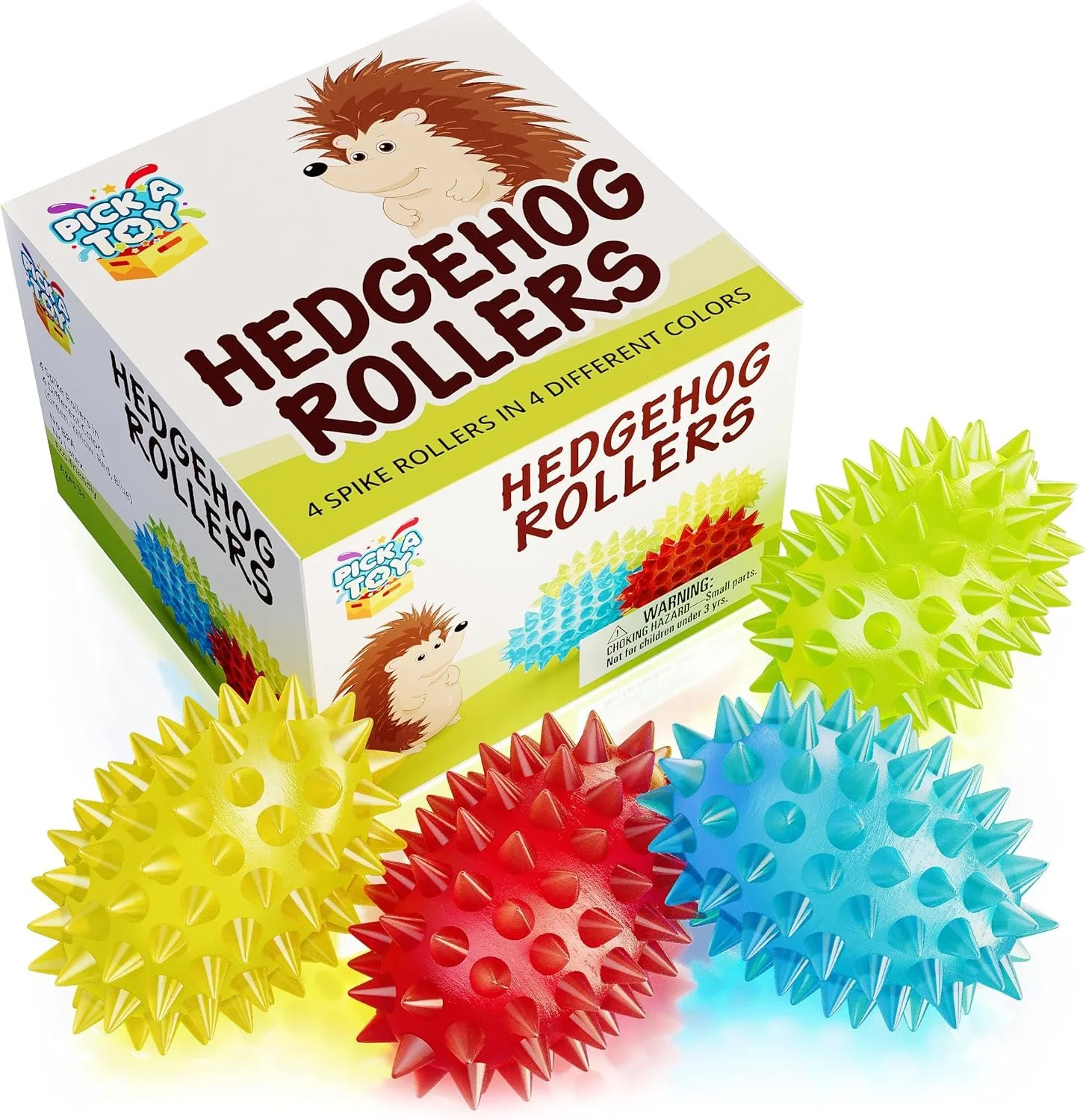Colorful hedgehog roller toy set with four spiked rollers in yellow, red, blue, and green, next to a box labeled "Hedgehog Rollers" with a cartoon hedgehog illustration.