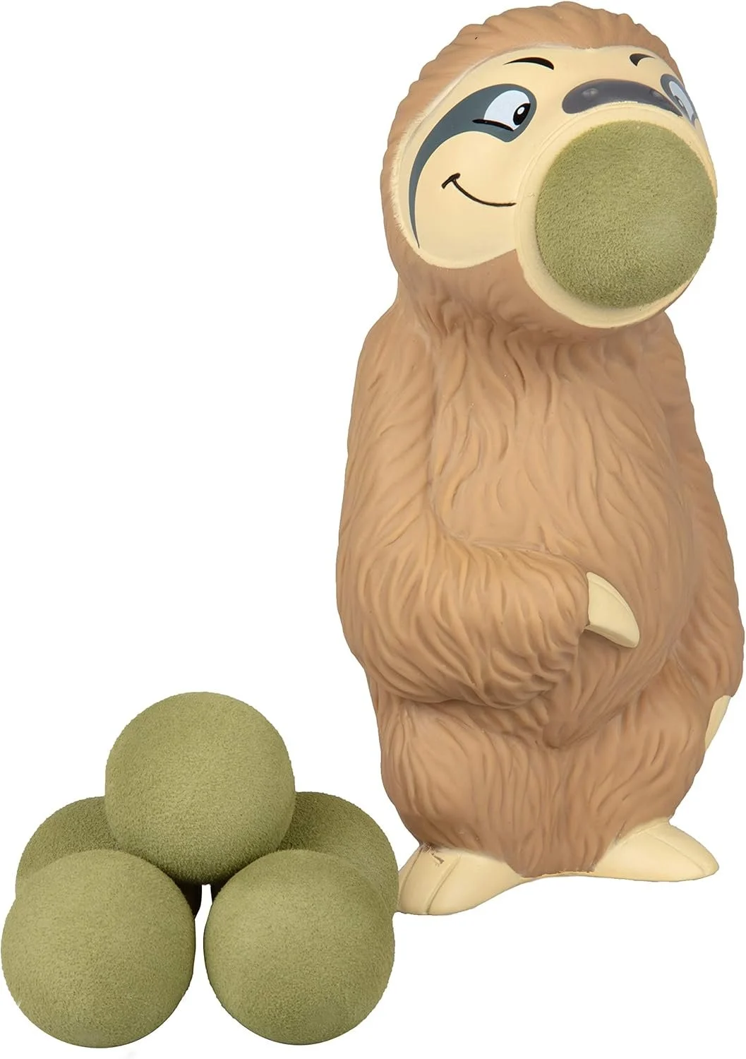 A sloth with a smiling face, standing upright, with four greenish balls in front of it and one in its mouth.