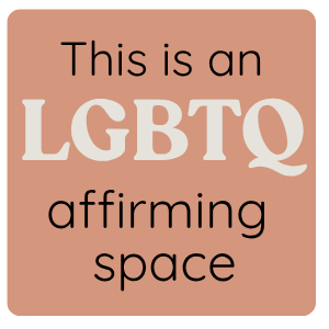 Brown background with black and white text that reads 'This is an LGBTQ affirming space'.
