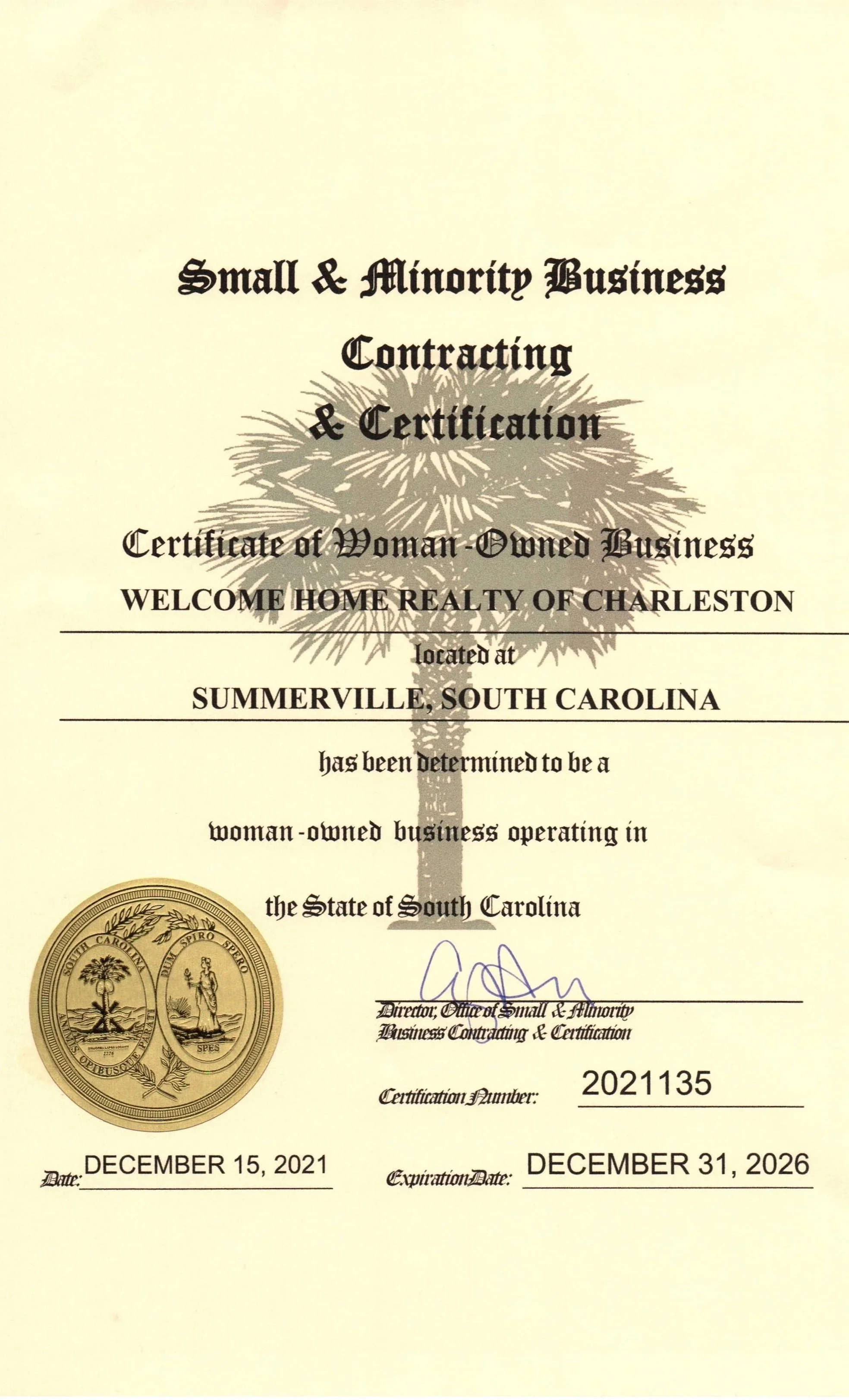 South Carolina woman-owned business certificate for Welcome Home Realty of Charleston, a licensed real estate brokerage in Summerville, SC