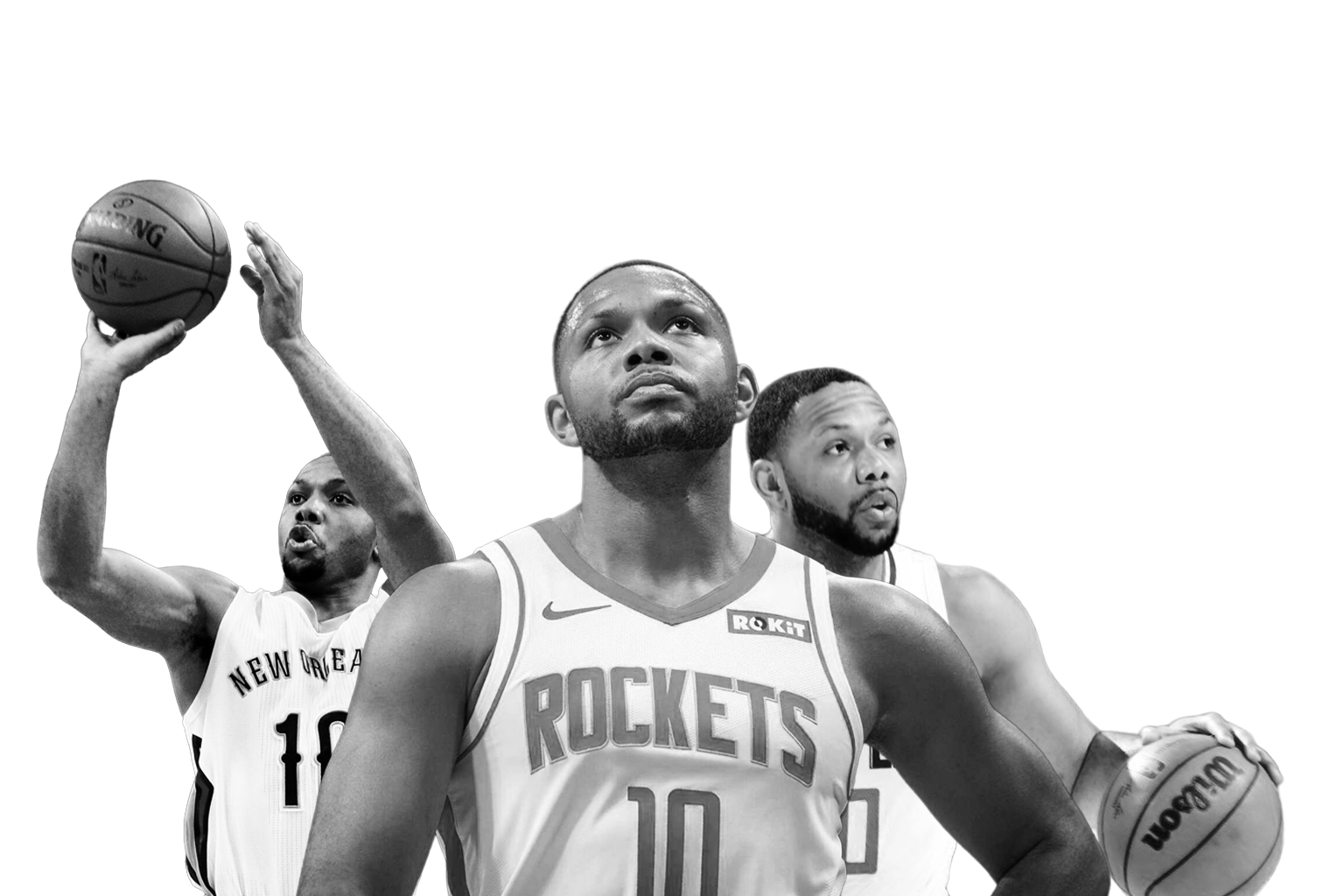 Black and white image of three basketball players in Houston Rockets jerseys, holding and shooting basketballs, with the central player looking upward.