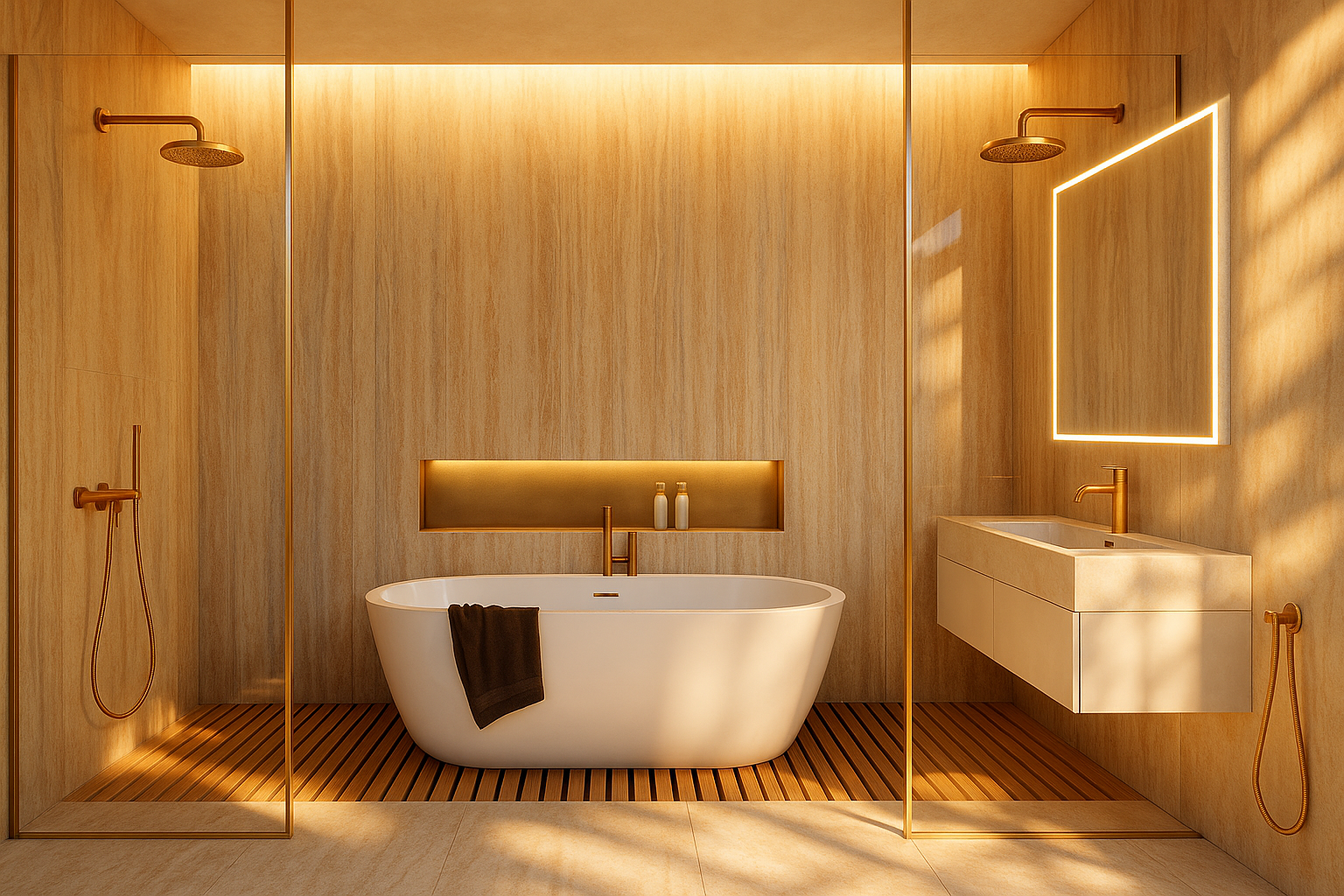 Modern bathroom with wooden walls, a white bathtub, and a floating vanity with a rectangular mirror and LED lighting. Two separate shower areas with gold fixtures are on either side of the bathtub, with sunlight casting shadows on the wall.