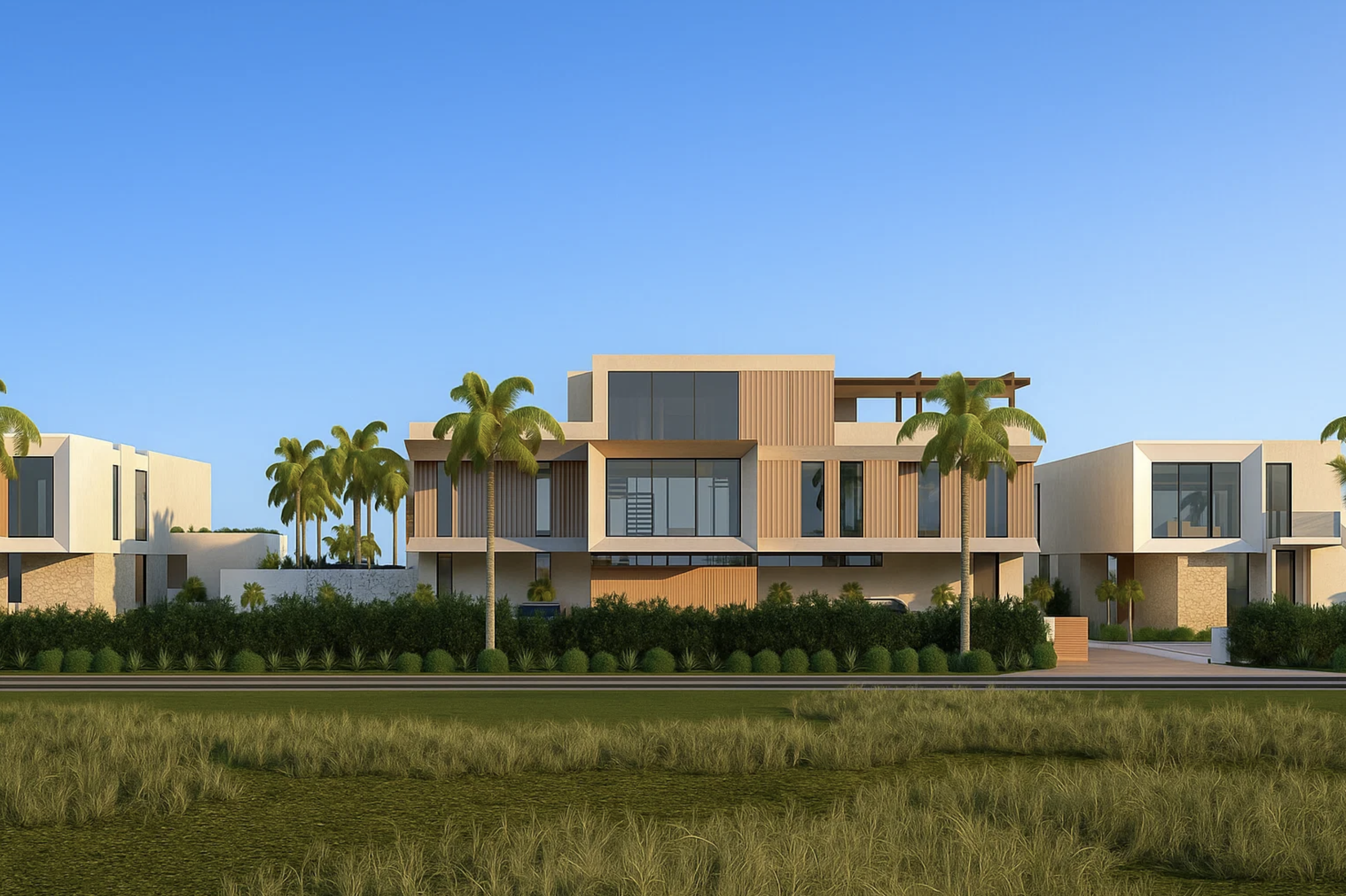 Modern multi-story residential building with large glass windows, surrounded by palm trees and green landscaping, under a clear blue sky.