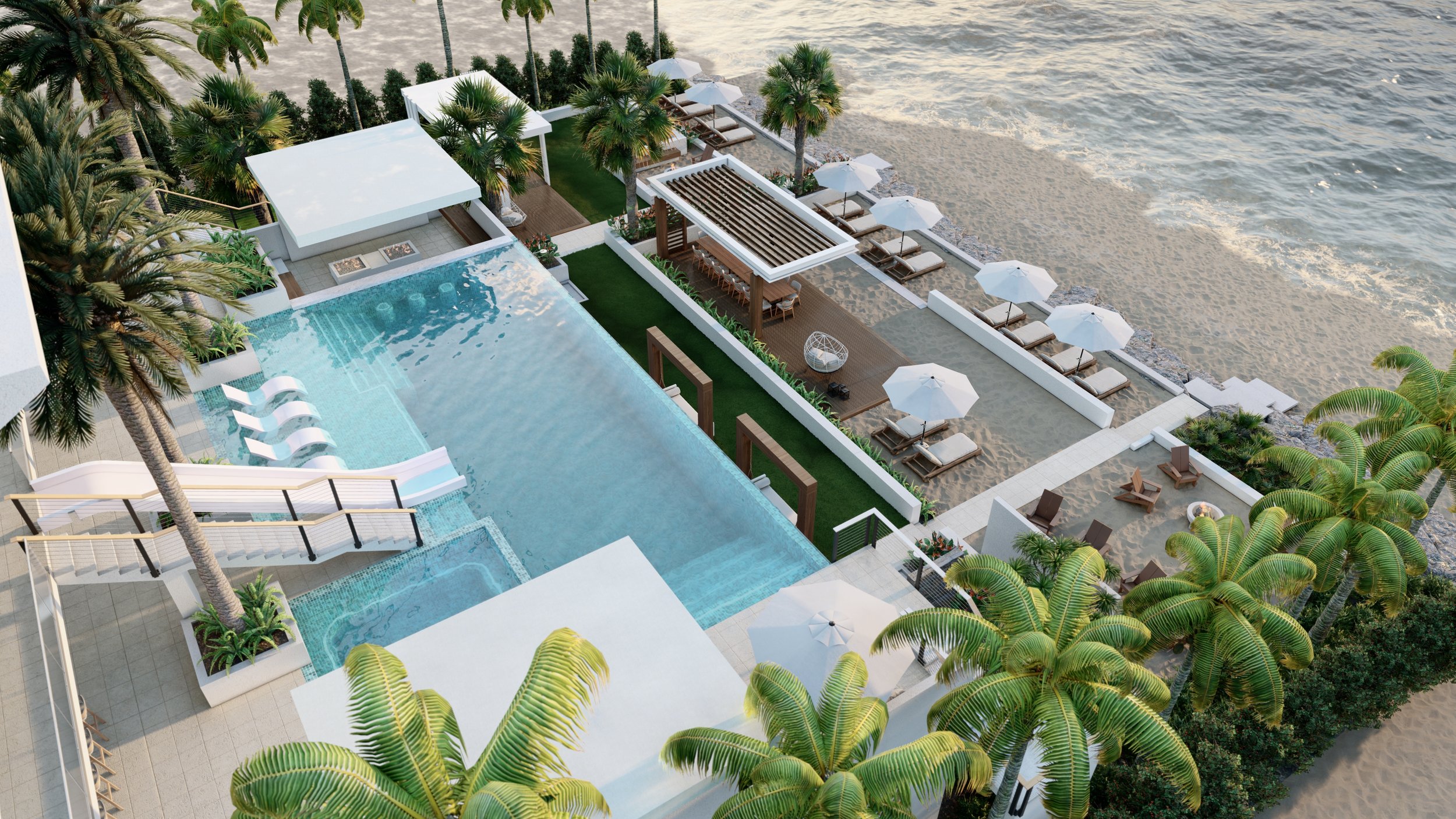 Aerial view of a beachfront hotel pool area with palm trees, lounge chairs, umbrellas, and access to sandy beach and ocean.