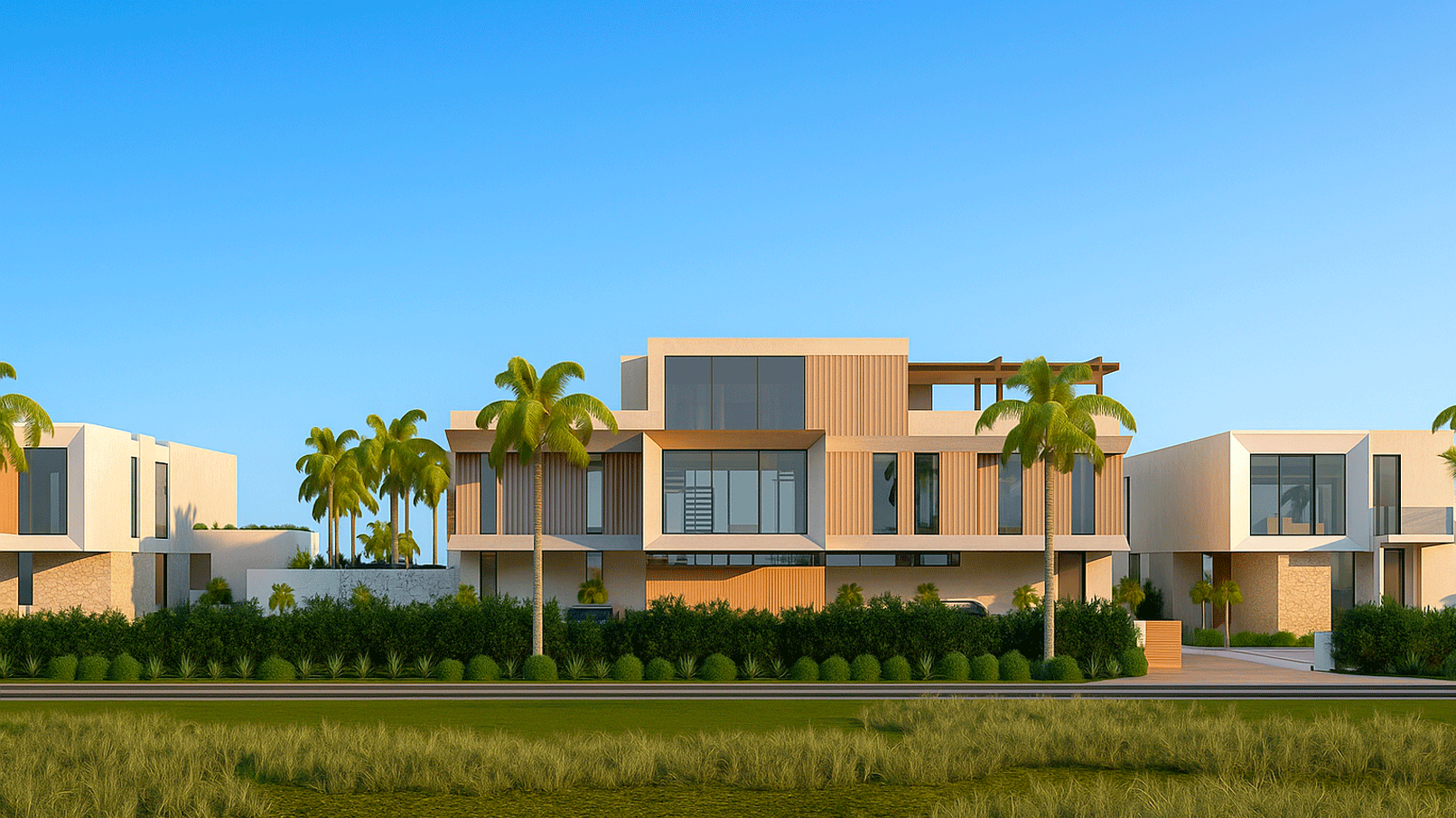 Modern residential buildings with palm trees and landscaped gardens in a sunny setting.