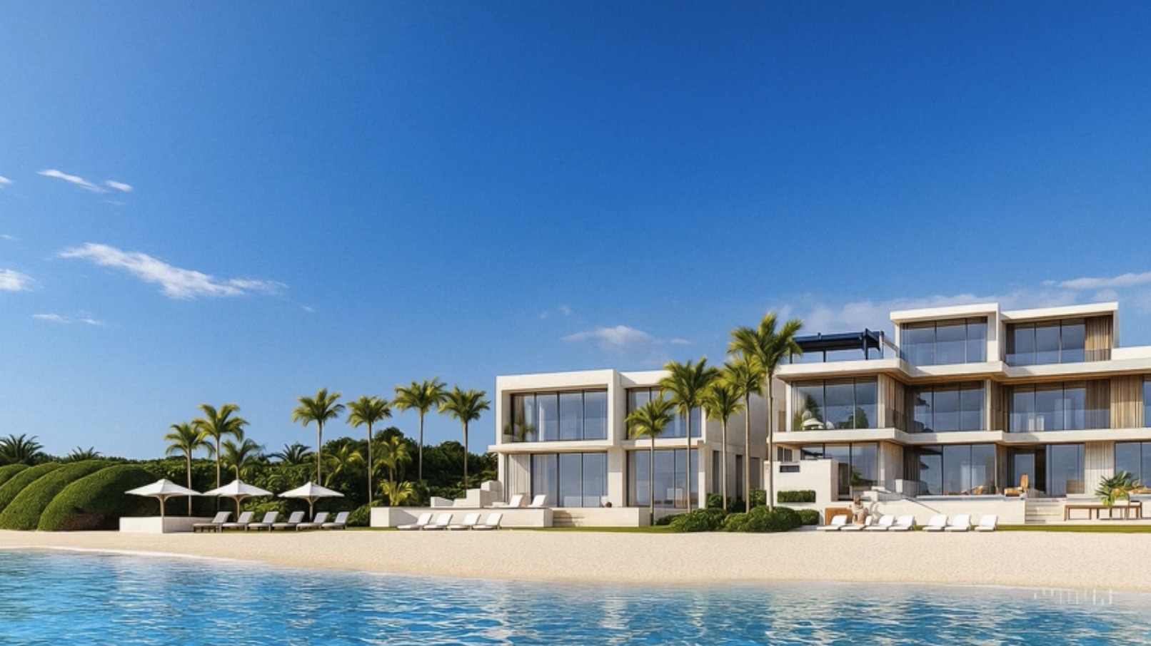A modern beachfront villa with large glass windows, surrounded by palm trees, with a sandy beach and lounge chairs under umbrellas in the foreground, and a bright blue sky.
