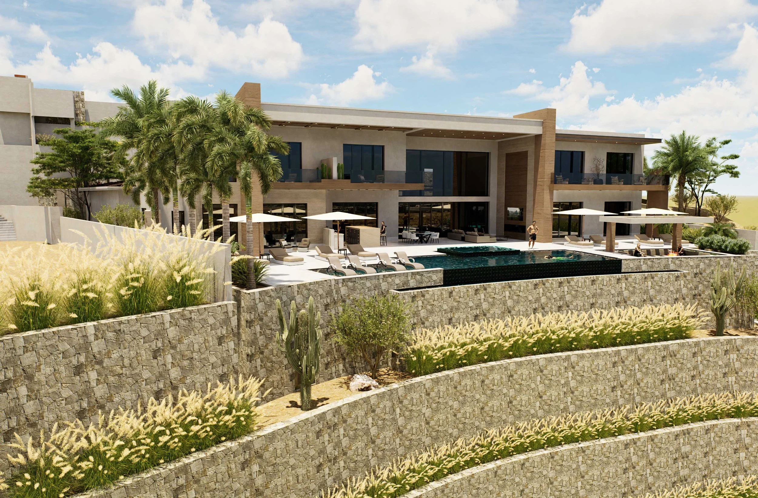 Modern house with a backyard pool, lounge chairs, umbrellas, and desert landscaping with cacti and palm trees under a partly cloudy sky.