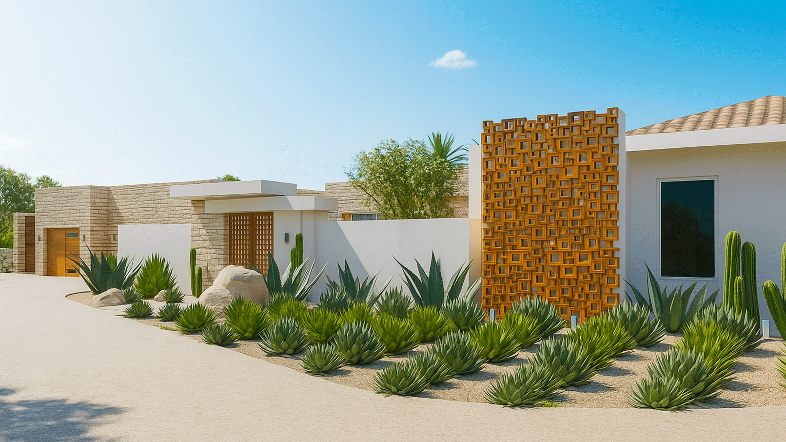 Modern desert-style house with white walls, a decorative wooden lattice panel, and desert landscaping featuring cacti and succulents under a clear blue sky.