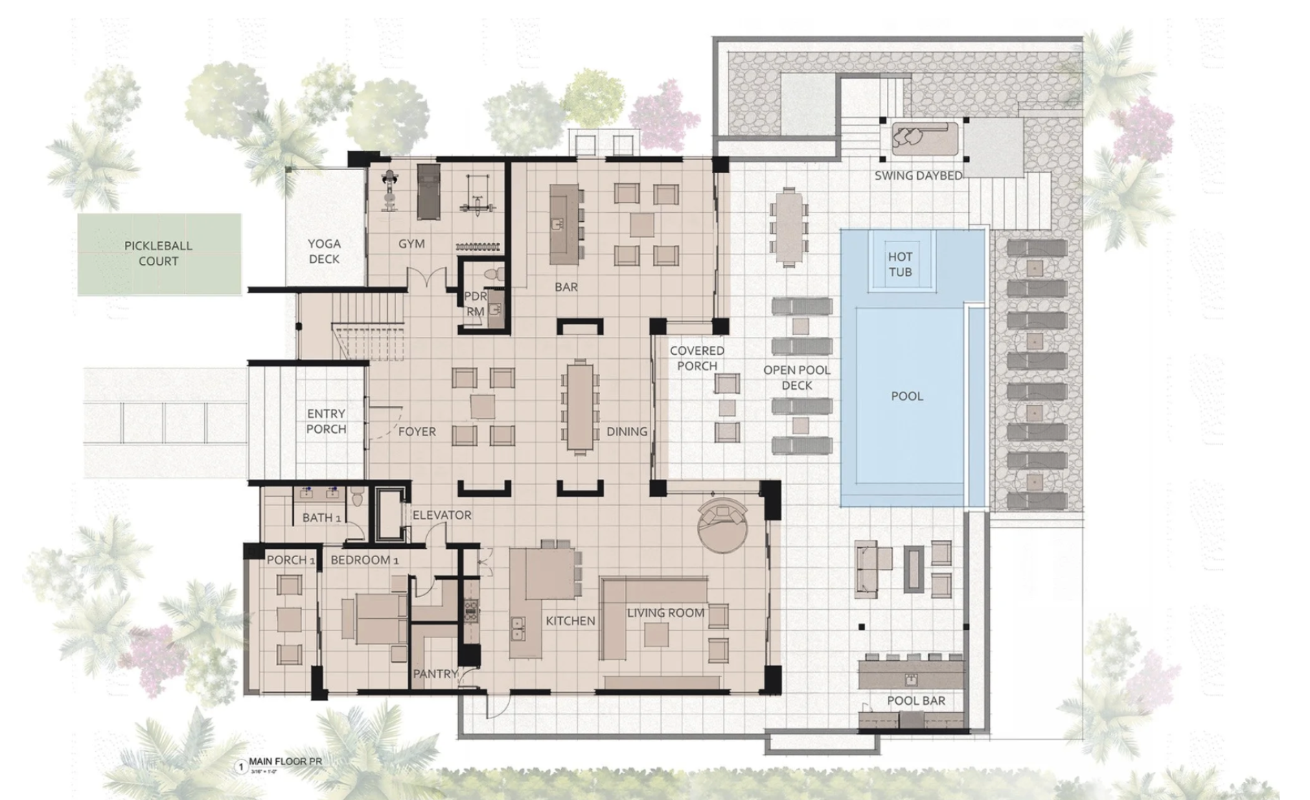 Detailed floor plan of a house with outdoor pool, hot tub, barbecue area, various decks, gym, bedrooms, and living spaces.