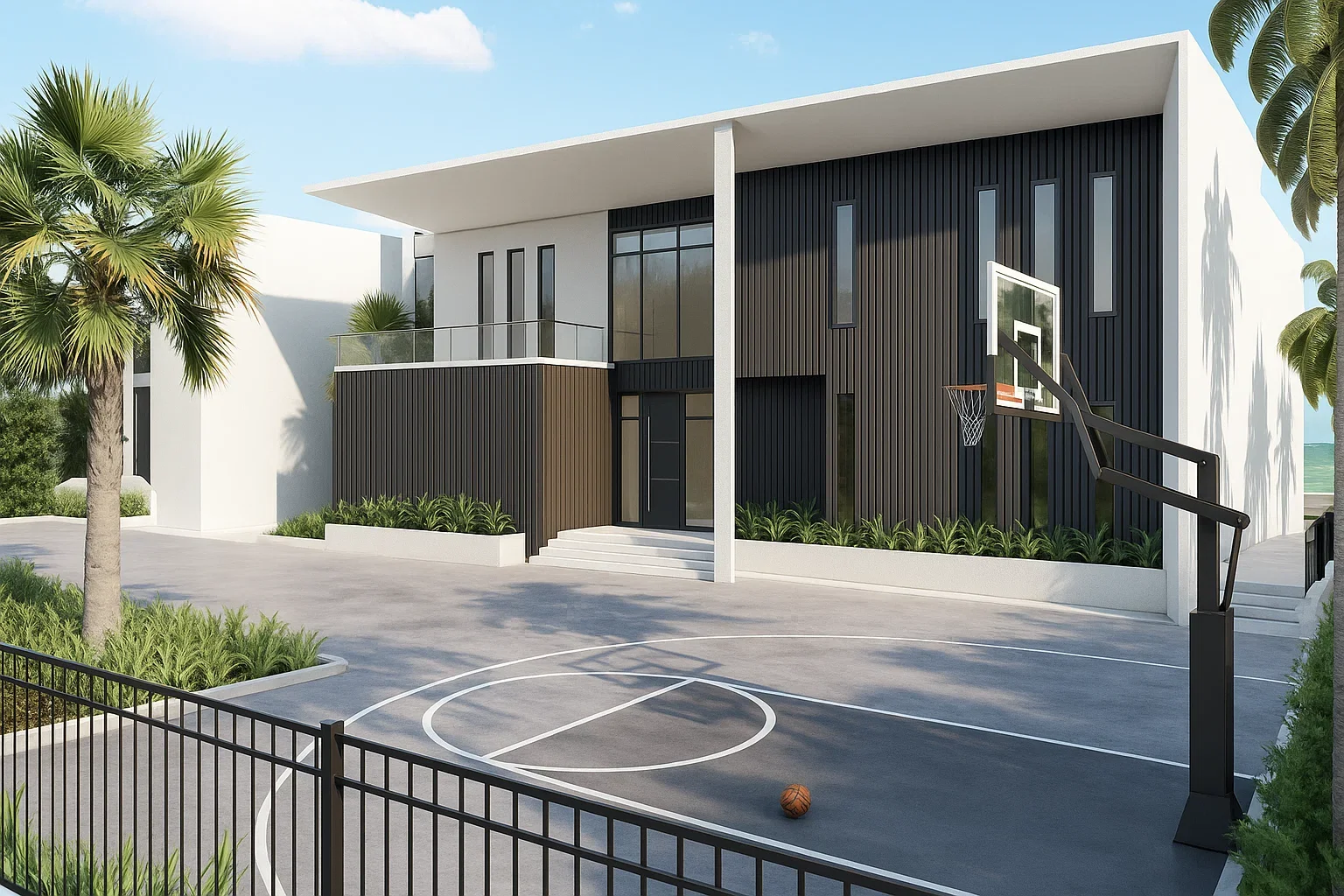 Modern two-story house with black and white exterior, large windows, and a balcony. There is a small basketball court with a basketball in the foreground, surrounded by palm trees and landscaped plants.